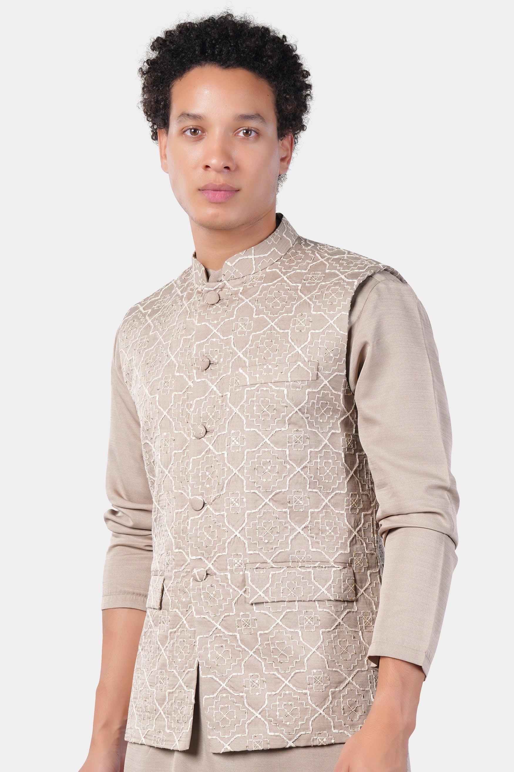 Chalice Brown Trellis Pattern Thread and Sequin Embroidered Designer Viscose Nehru Jacket