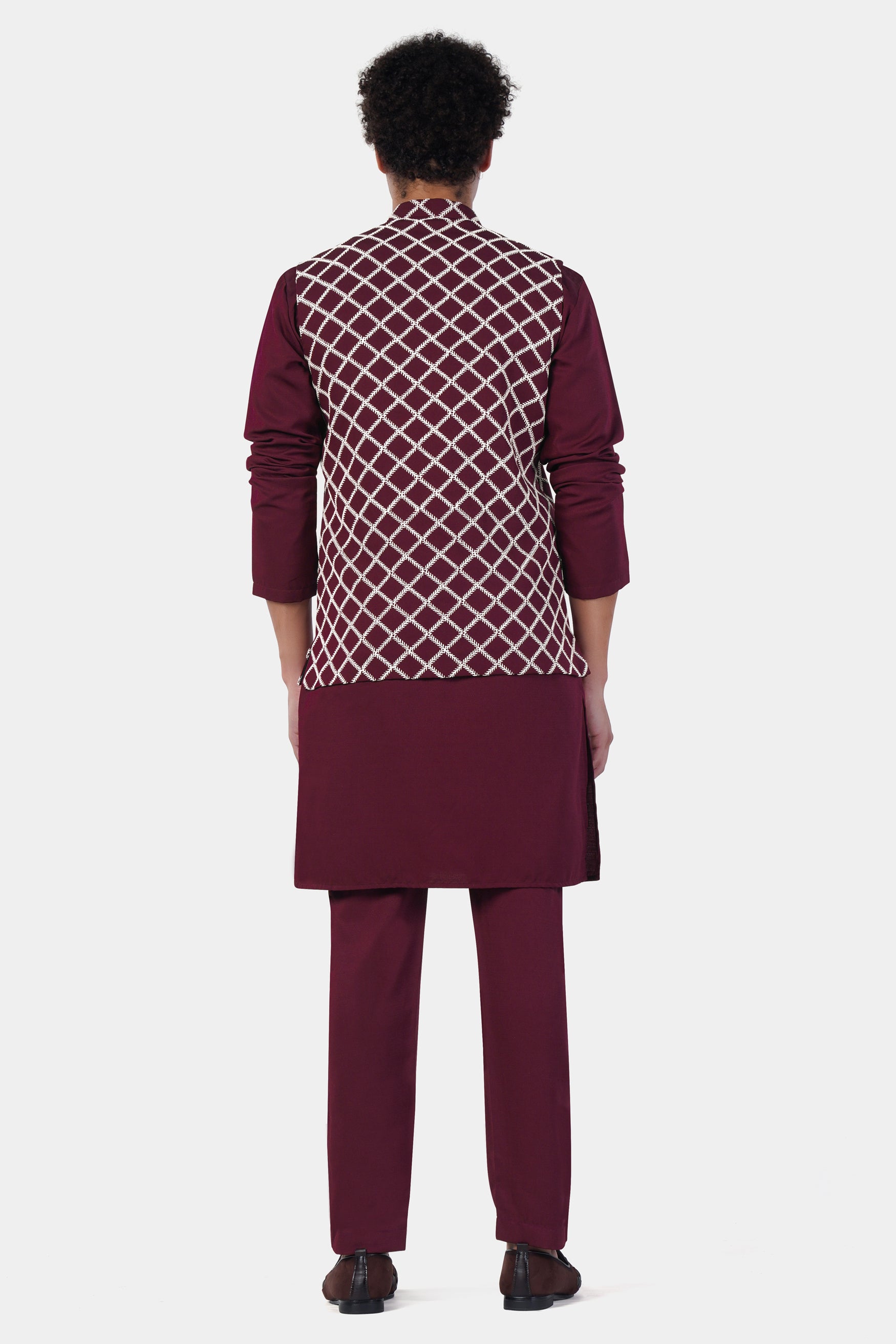 Aubergine Maroon Geometric Pattern Thread Embroidered Designer Viscose Nehru Jacket