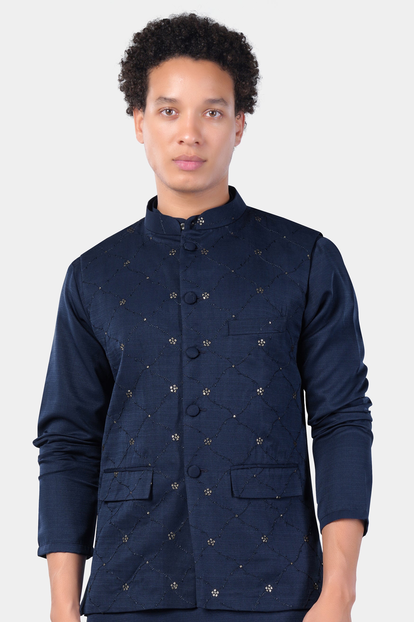 Mirage Blue floral Thread and Sequin Embroidered Designer Viscose Nehru Jacket
