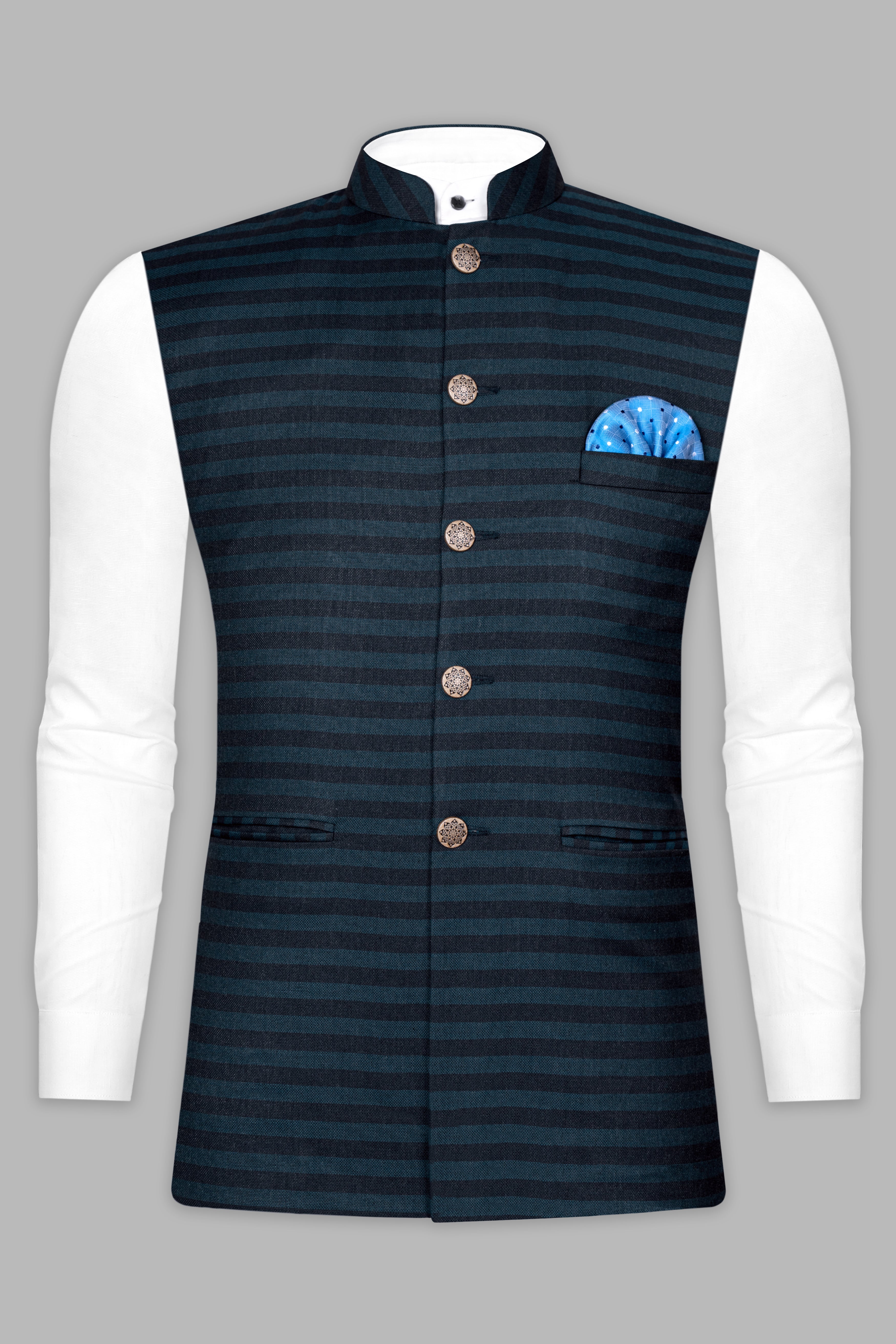 Bluish Blue And Jade Black Striped Nehru jacket