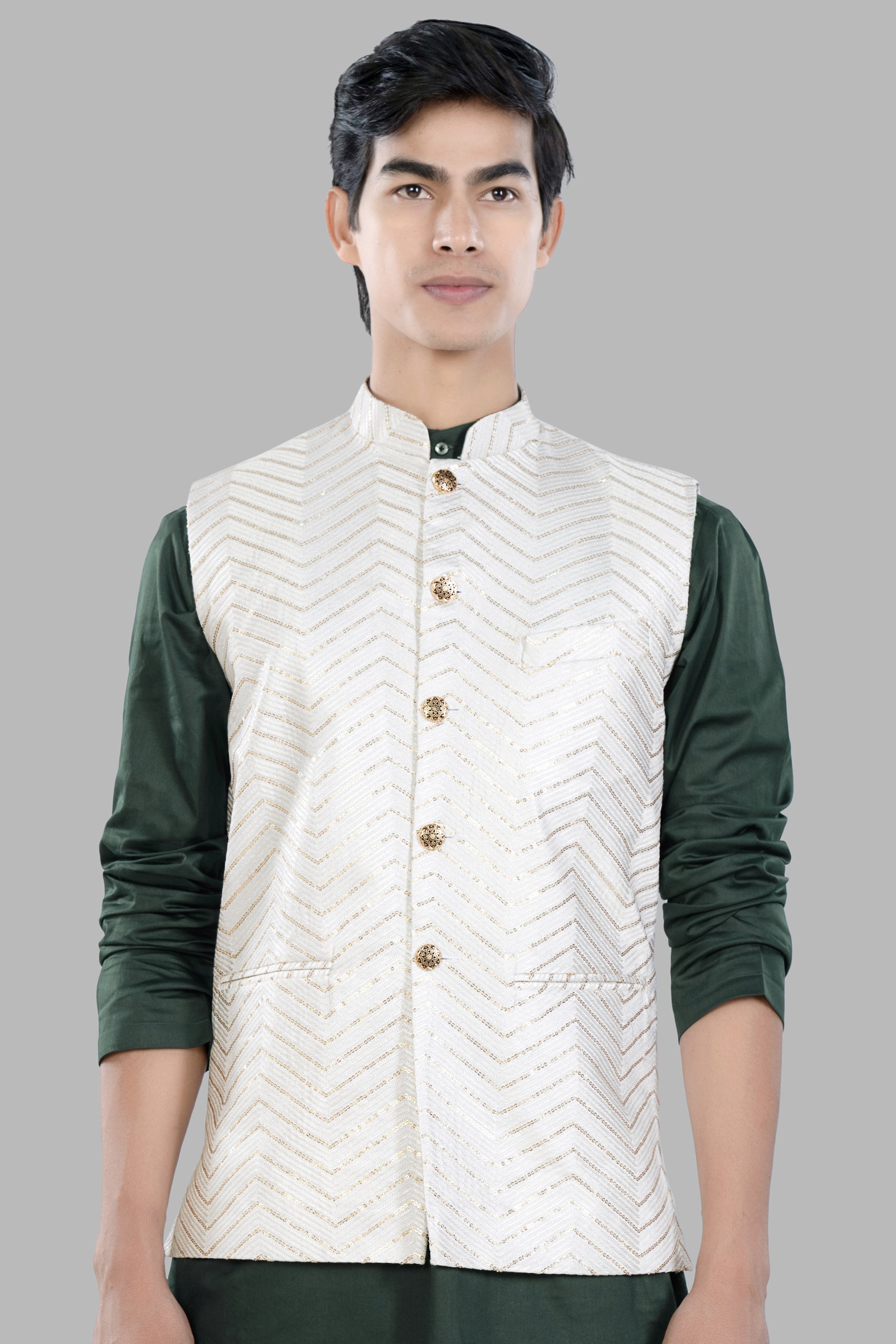 Bright White Chevron Sequin and Thread Embroidered Designer Nehru
Jacket