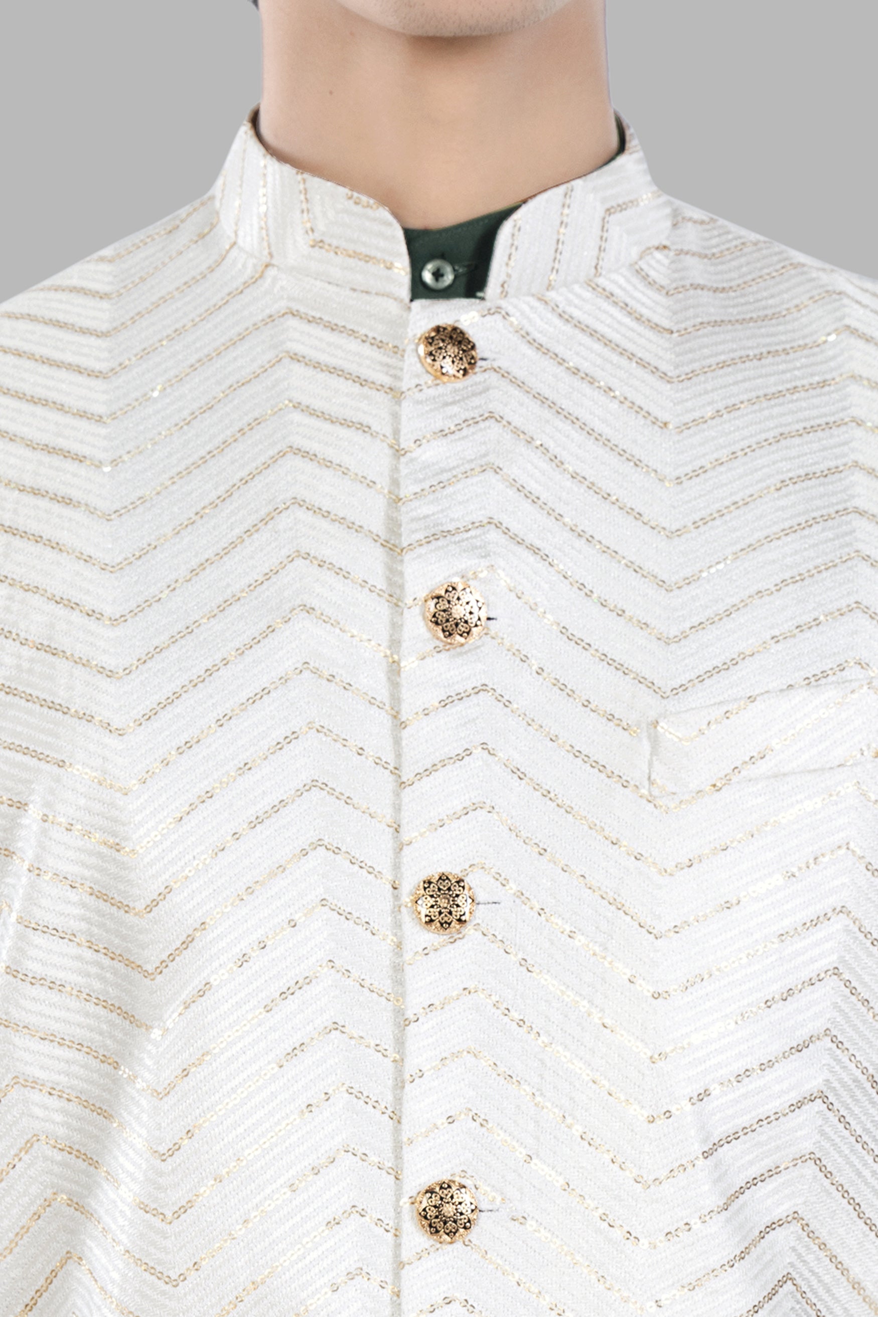 Bright White Chevron Sequin and Thread Embroidered Designer Nehru
Jacket