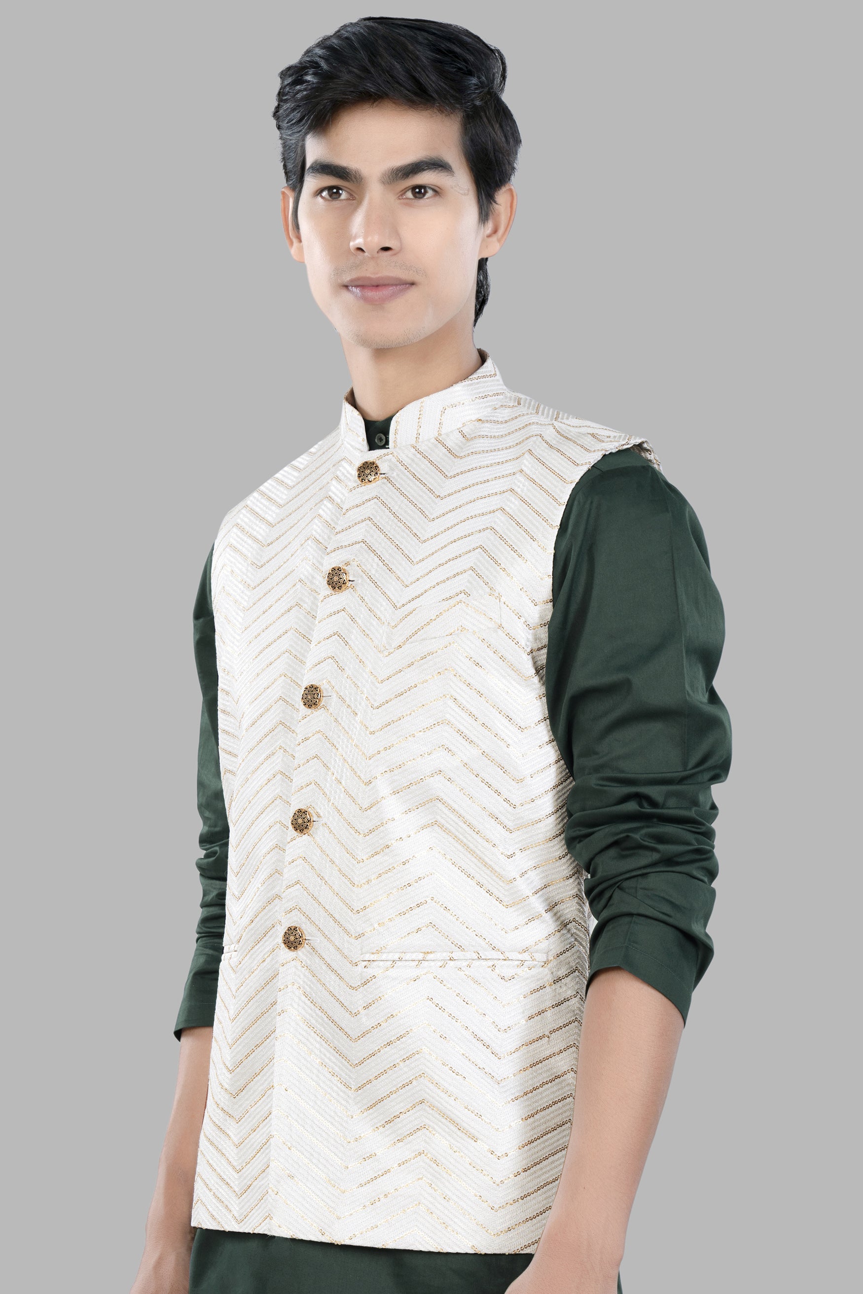 Bright White Chevron Sequin and Thread Embroidered Designer Nehru
Jacket