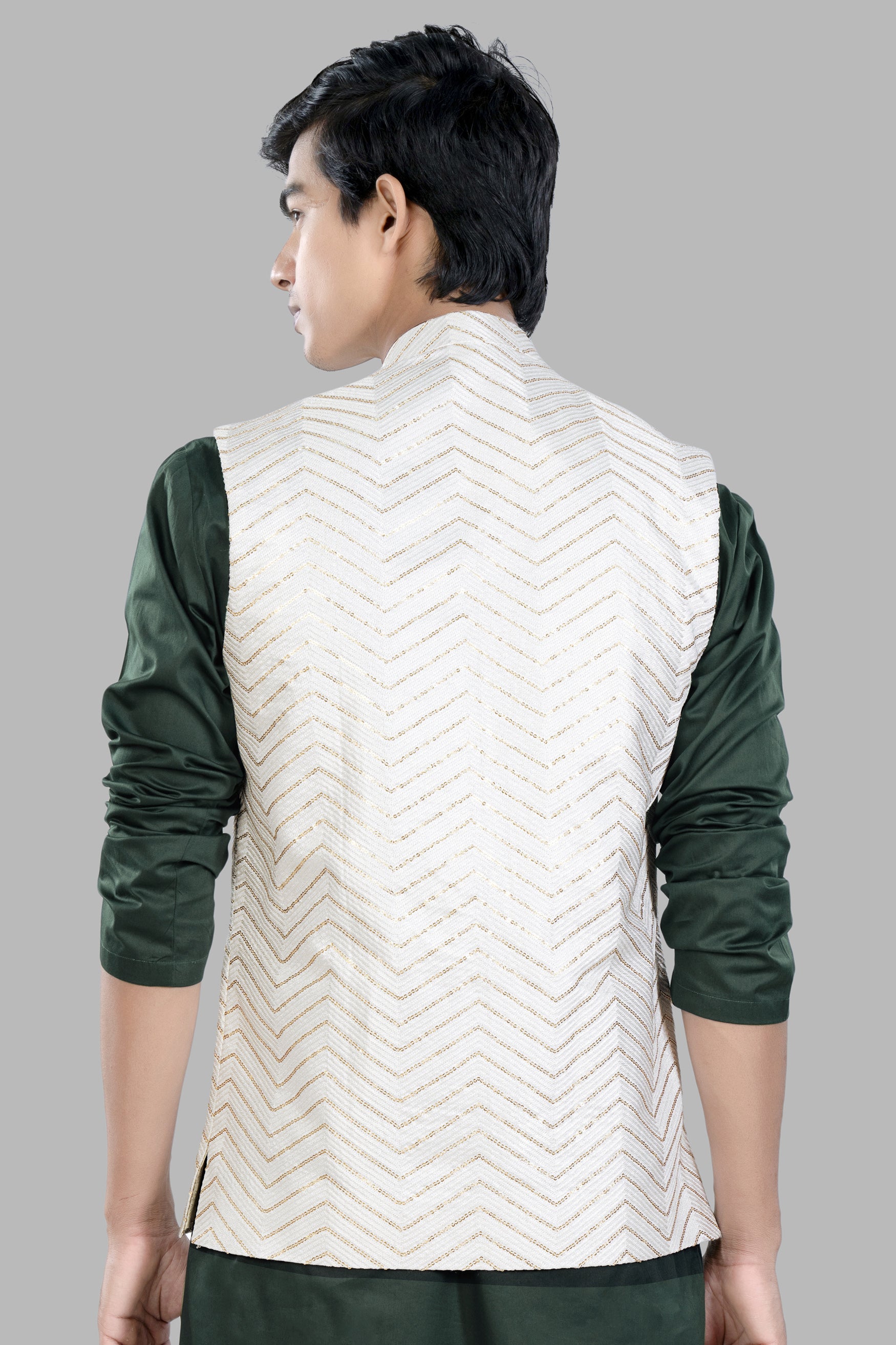 Bright White Chevron Sequin and Thread Embroidered Designer Nehru
Jacket