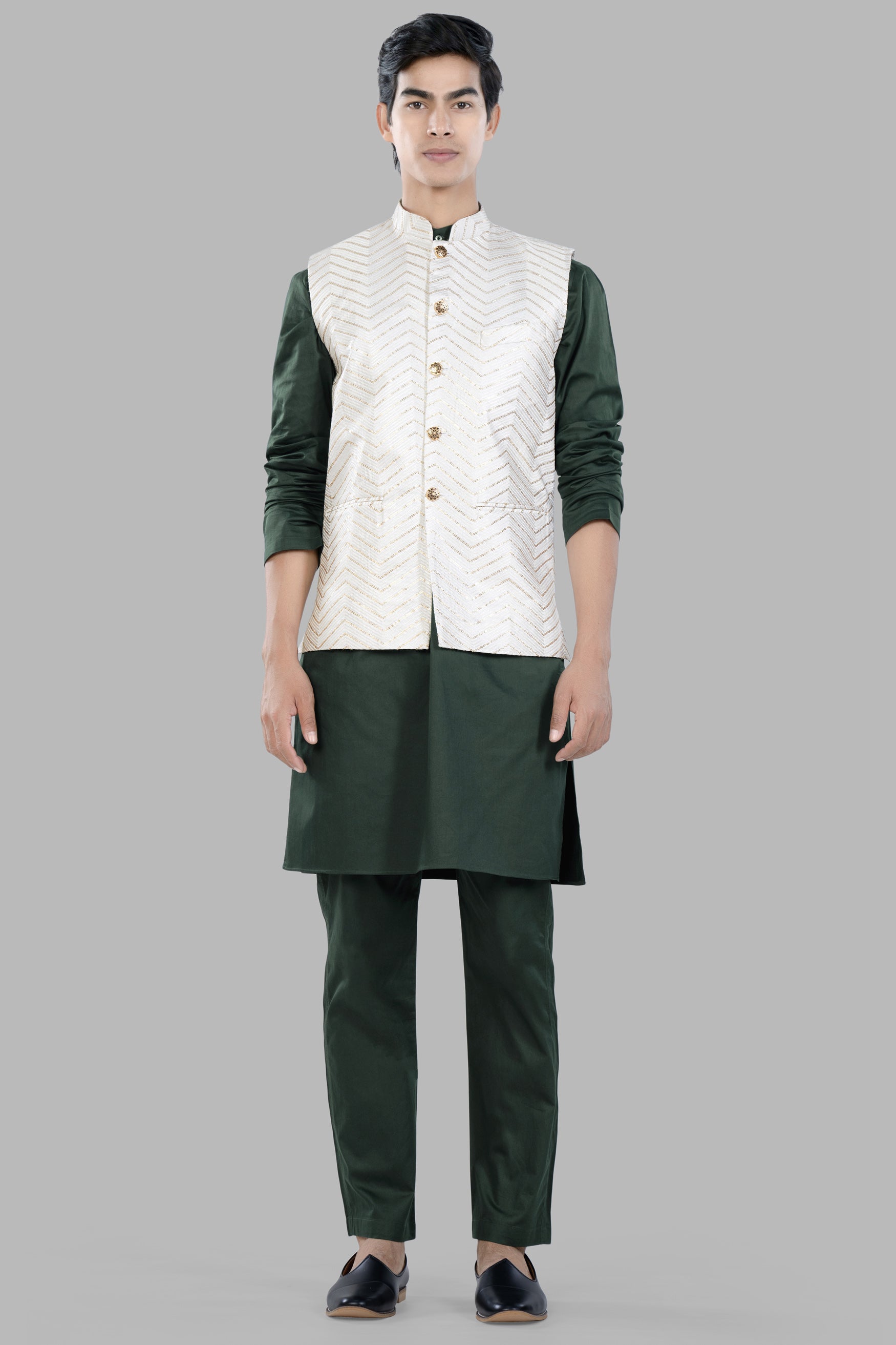 Bright White Chevron Sequin and Thread Embroidered Designer Nehru
Jacket