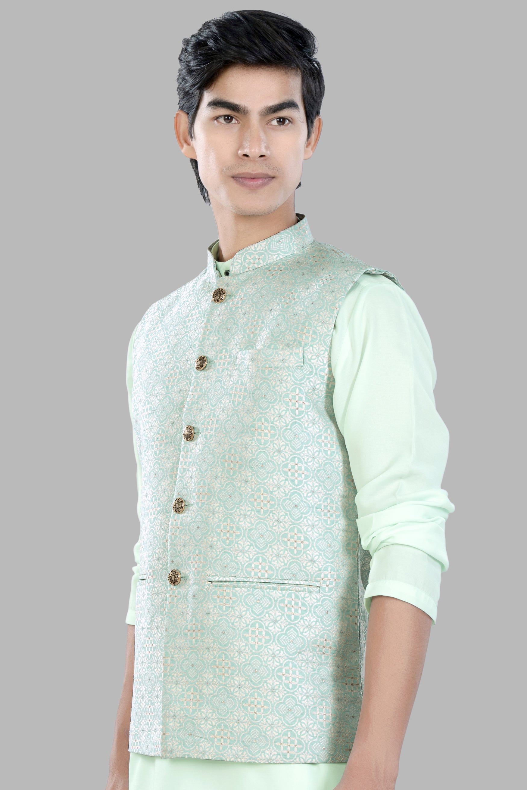 Opal Green and White Moroccan Jacquard Textured Designer Nehru Jacket WC3456-36,  WC3456-38,  WC3456-40,  WC3456-42,  WC3456-44,  WC3456-46,  WC3456-48,  WC3456-50,  WC3456-52,  WC3456-54,  WC3456-56,  WC3456-58,  WC3456-60