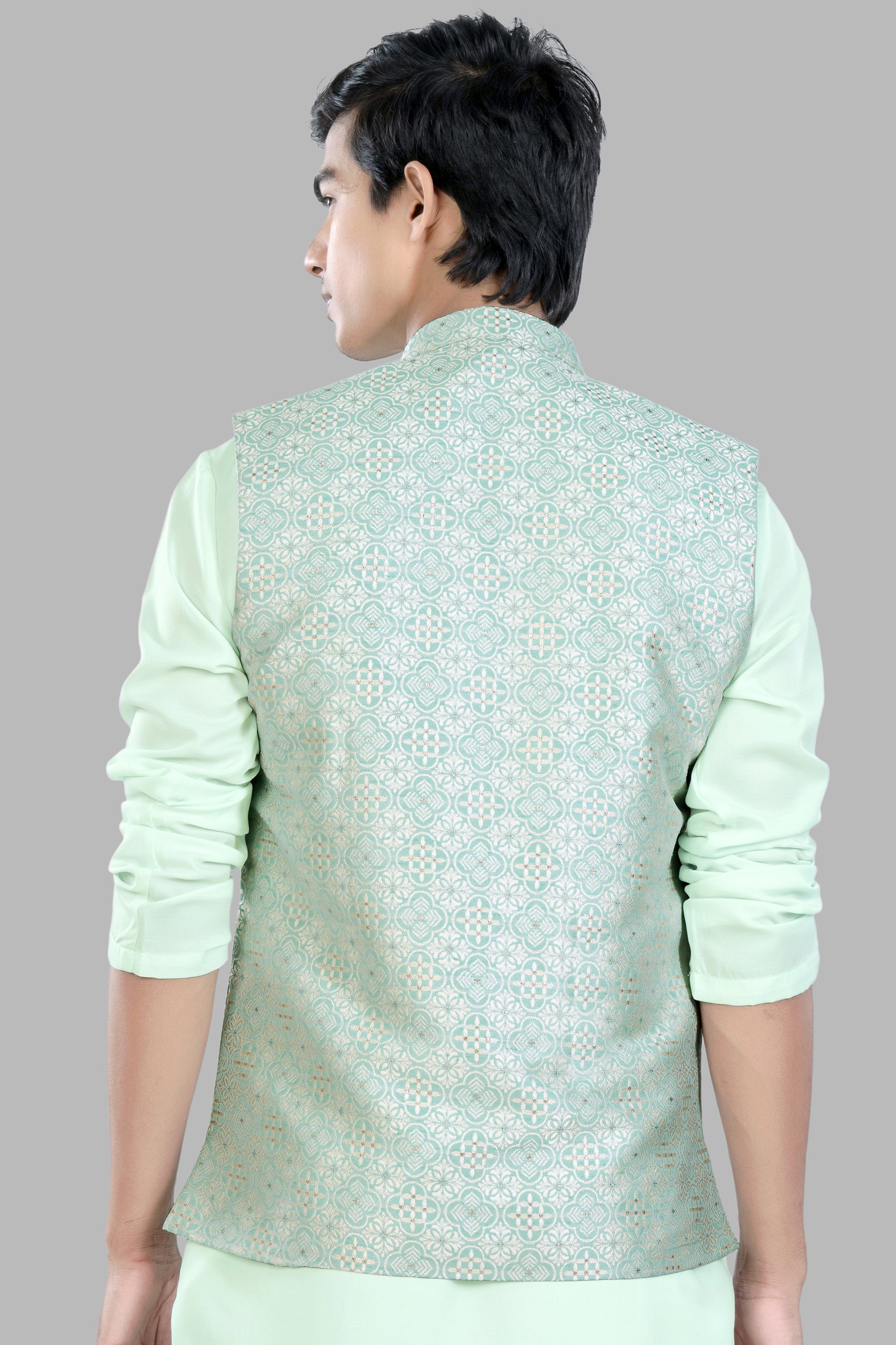 Opal Green and White Moroccan Jacquard Textured Designer Nehru Jacket WC3456-36,  WC3456-38,  WC3456-40,  WC3456-42,  WC3456-44,  WC3456-46,  WC3456-48,  WC3456-50,  WC3456-52,  WC3456-54,  WC3456-56,  WC3456-58,  WC3456-60