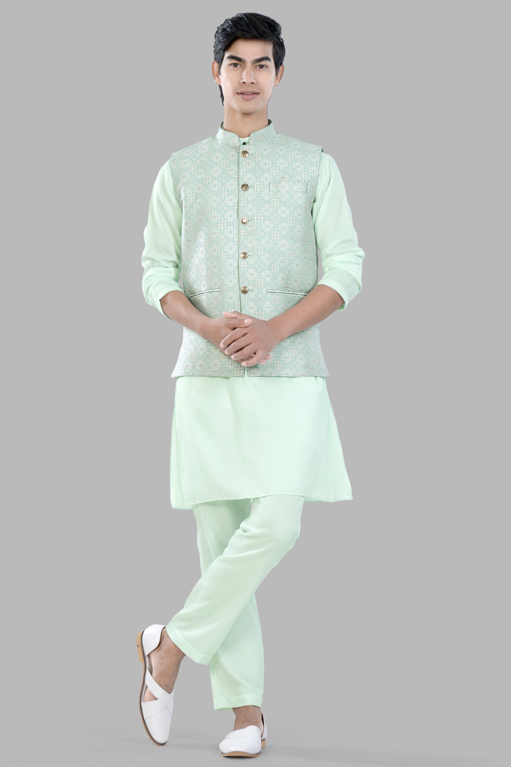 Opal Green and White Moroccan Jacquard Textured Designer Nehru Jacket WC3456-36,  WC3456-38,  WC3456-40,  WC3456-42,  WC3456-44,  WC3456-46,  WC3456-48,  WC3456-50,  WC3456-52,  WC3456-54,  WC3456-56,  WC3456-58,  WC3456-60