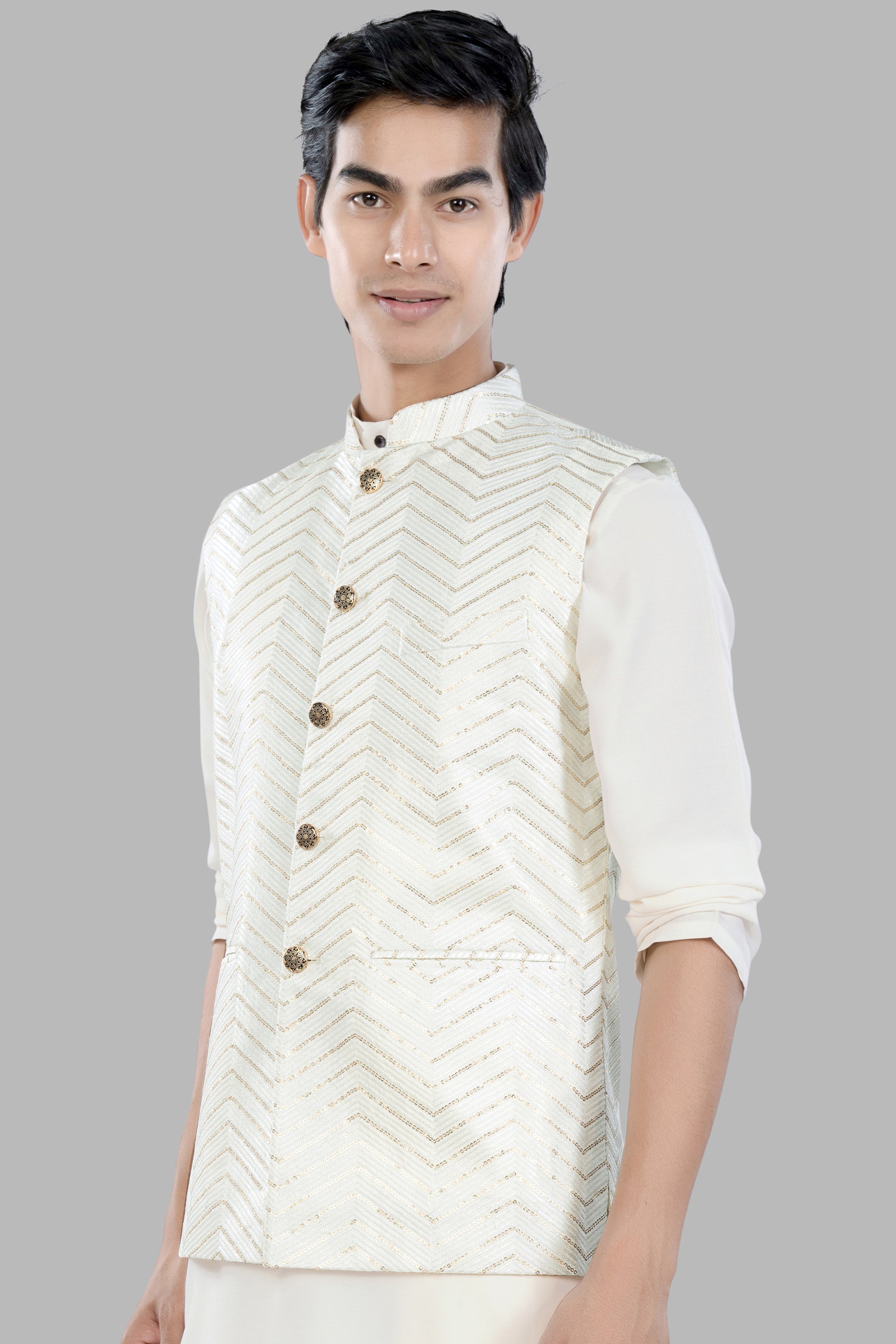 Bright White Chevron Sequin and Thread Embroidered Designer Nehru Jacket WC3472-36,  WC3472-38,  WC3472-40,  WC3472-42,  WC3472-44,  WC3472-46,  WC3472-48,  WC3472-50,  WC3472-52,  WC3472-54,  WC3472-56,  WC3472-58,  WC3472-60