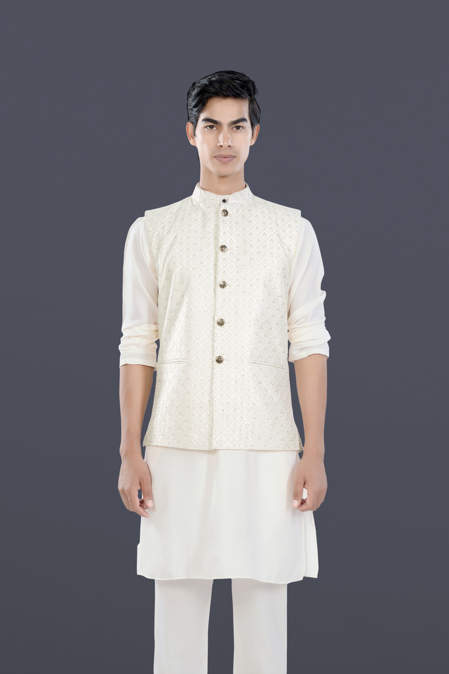 Bright White Trellis Sequin and Thread Embroidered Designer Nehru Jacket WC3474-36,  WC3474-38,  WC3474-40,  WC3474-42,  WC3474-44,  WC3474-46,  WC3474-48,  WC3474-50,  WC3474-52,  WC3474-54,  WC3474-56,  WC3474-58,  WC3474-60