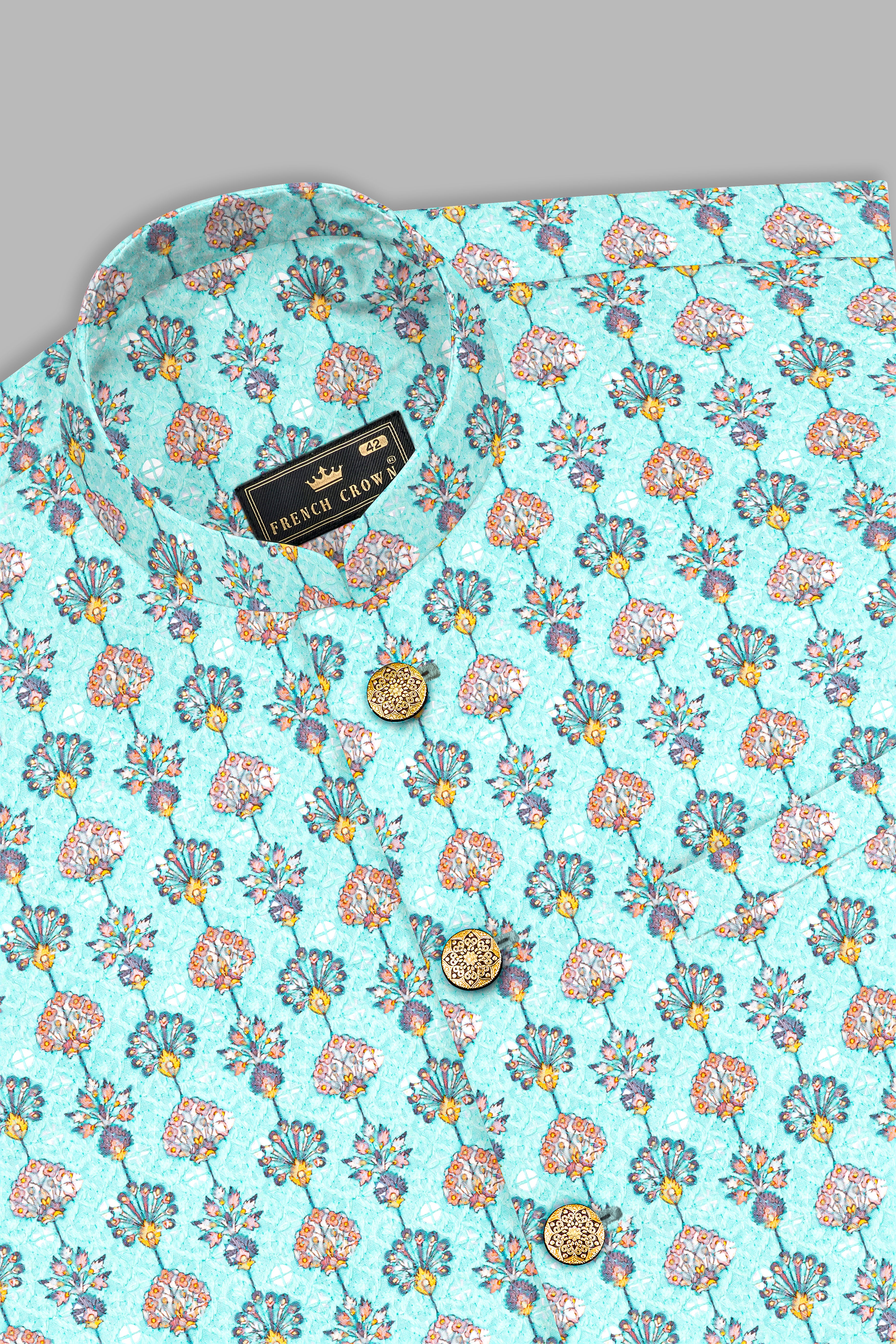 Aquamarine Blue And Tangerine Peach Designer Thread Embroidered Nehru Jacket
