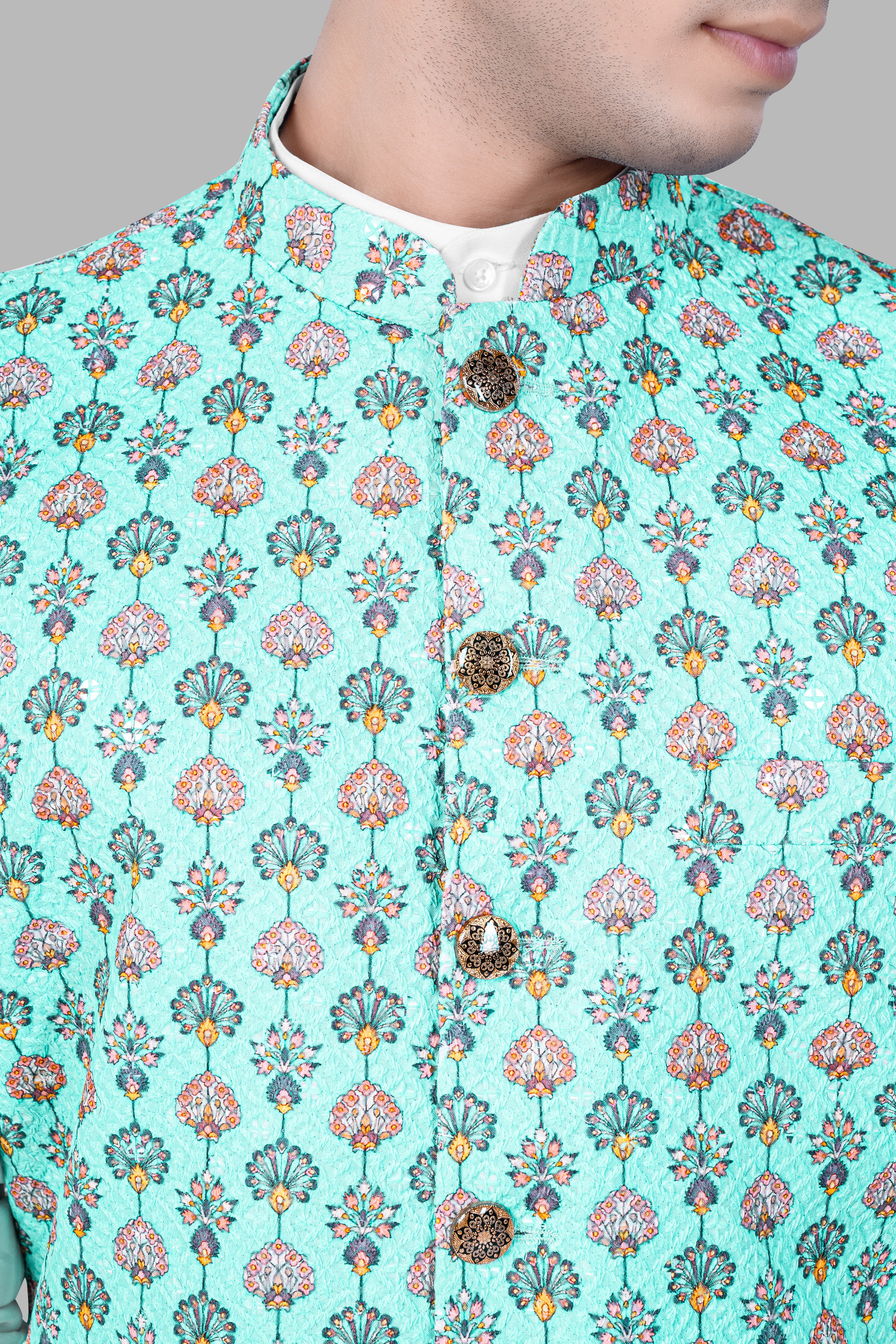 Aquamarine Blue And Tangerine Peach Designer Thread Embroidered Nehru Jacket