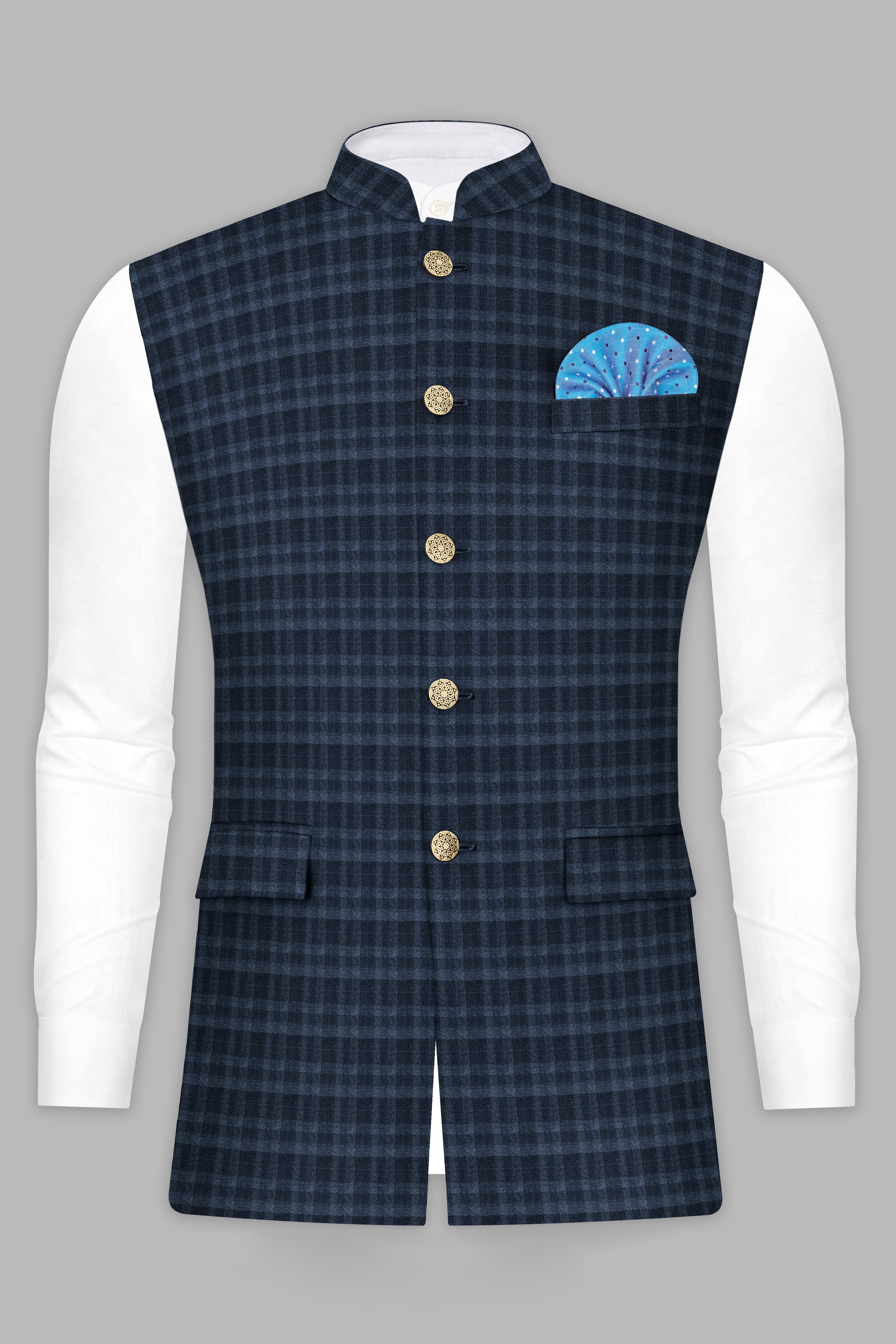Baltic Blue Plaid Wool Rich Nehru Jacket