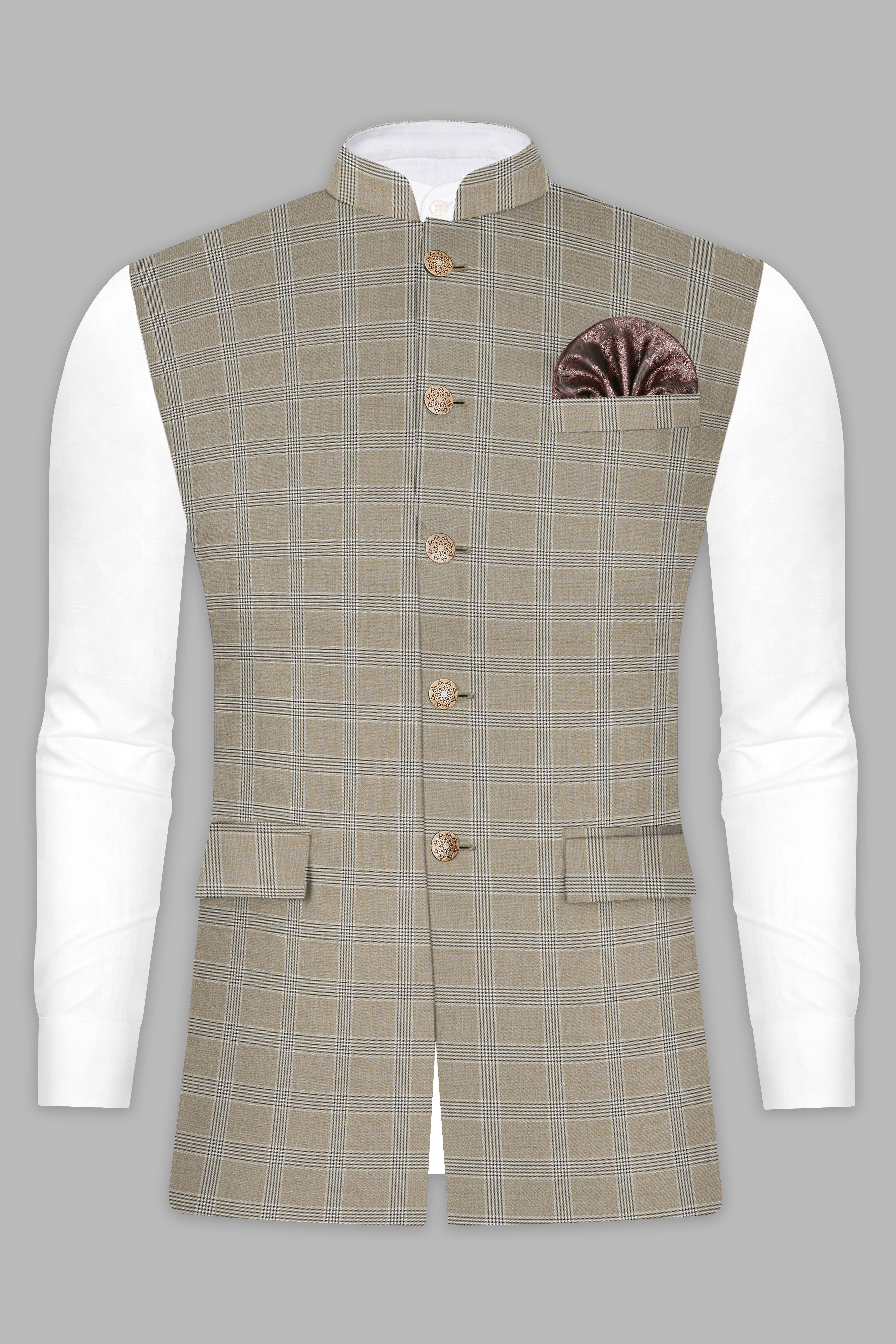 Sandrift Cream Plaid Wool Blend Nehru Jacket