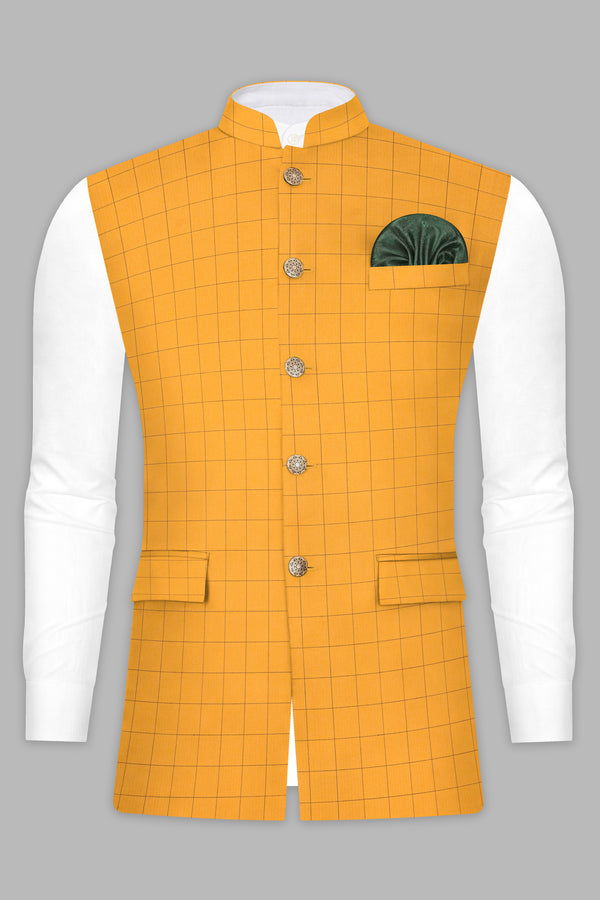 Cantaloupe Yellow herringbone Windowpane Nehru Jacket