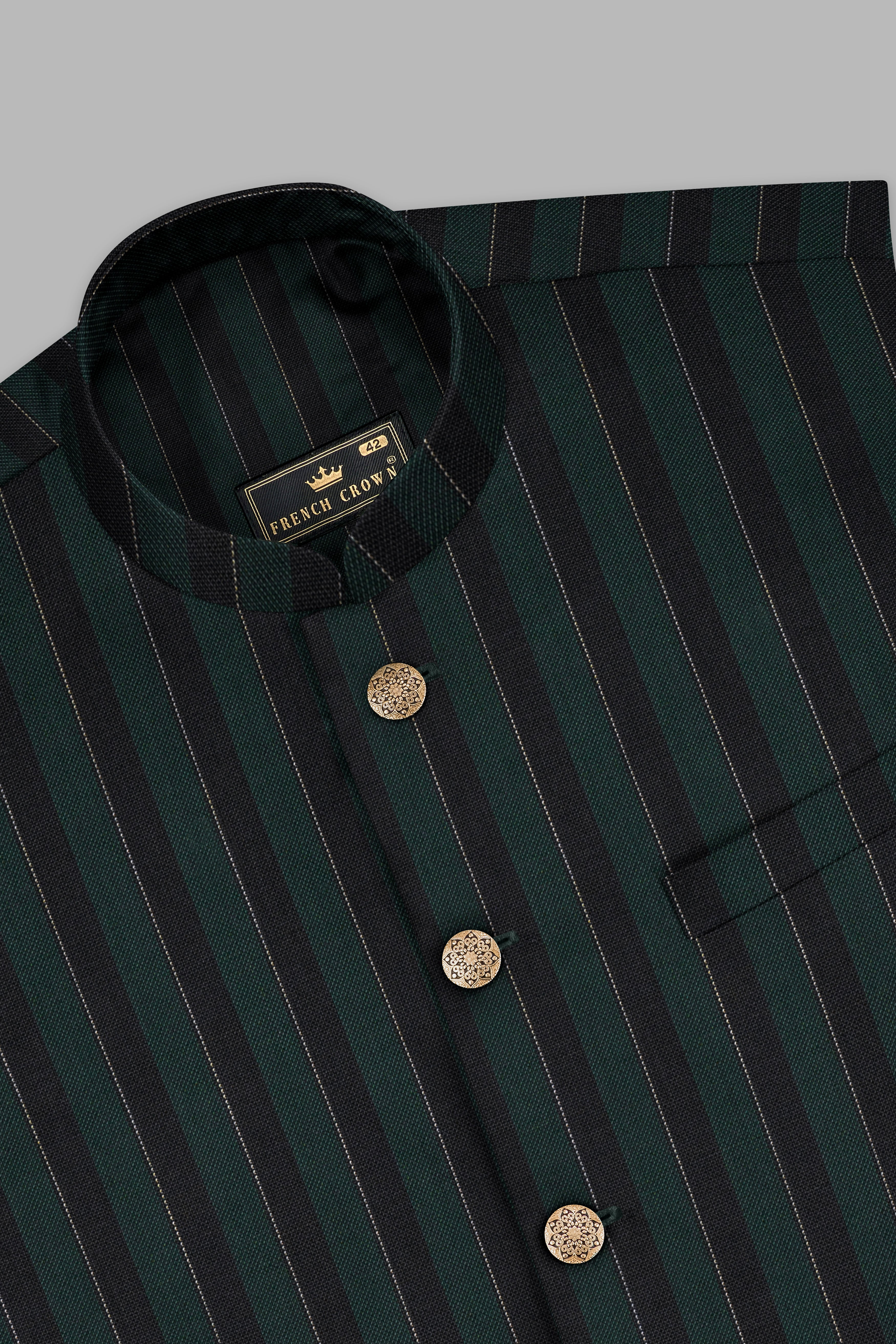 Timber Green With Bunker Black Striped Wool Blend Nehru Jacket