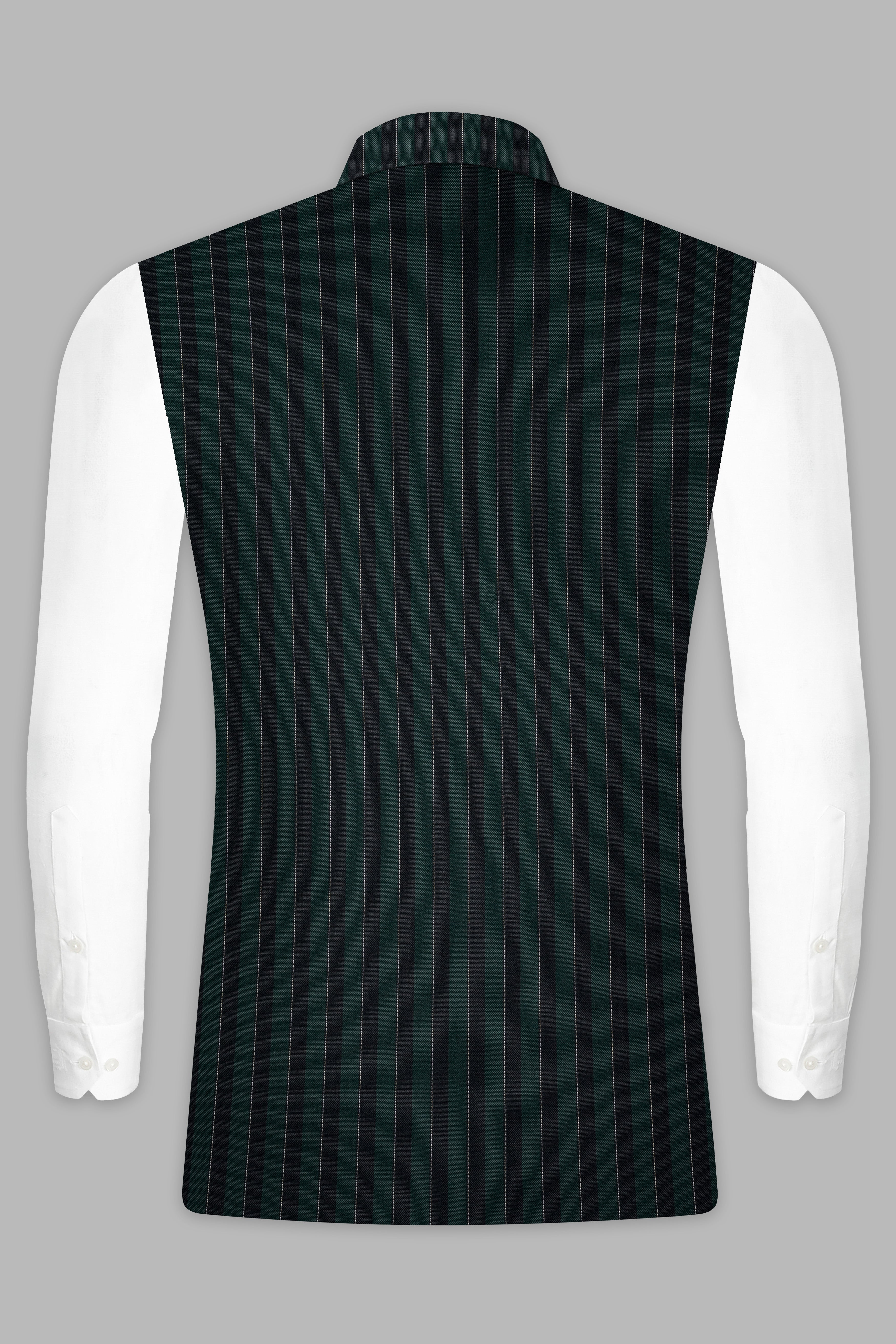 Timber Green With Bunker Black Striped Wool Blend Nehru Jacket