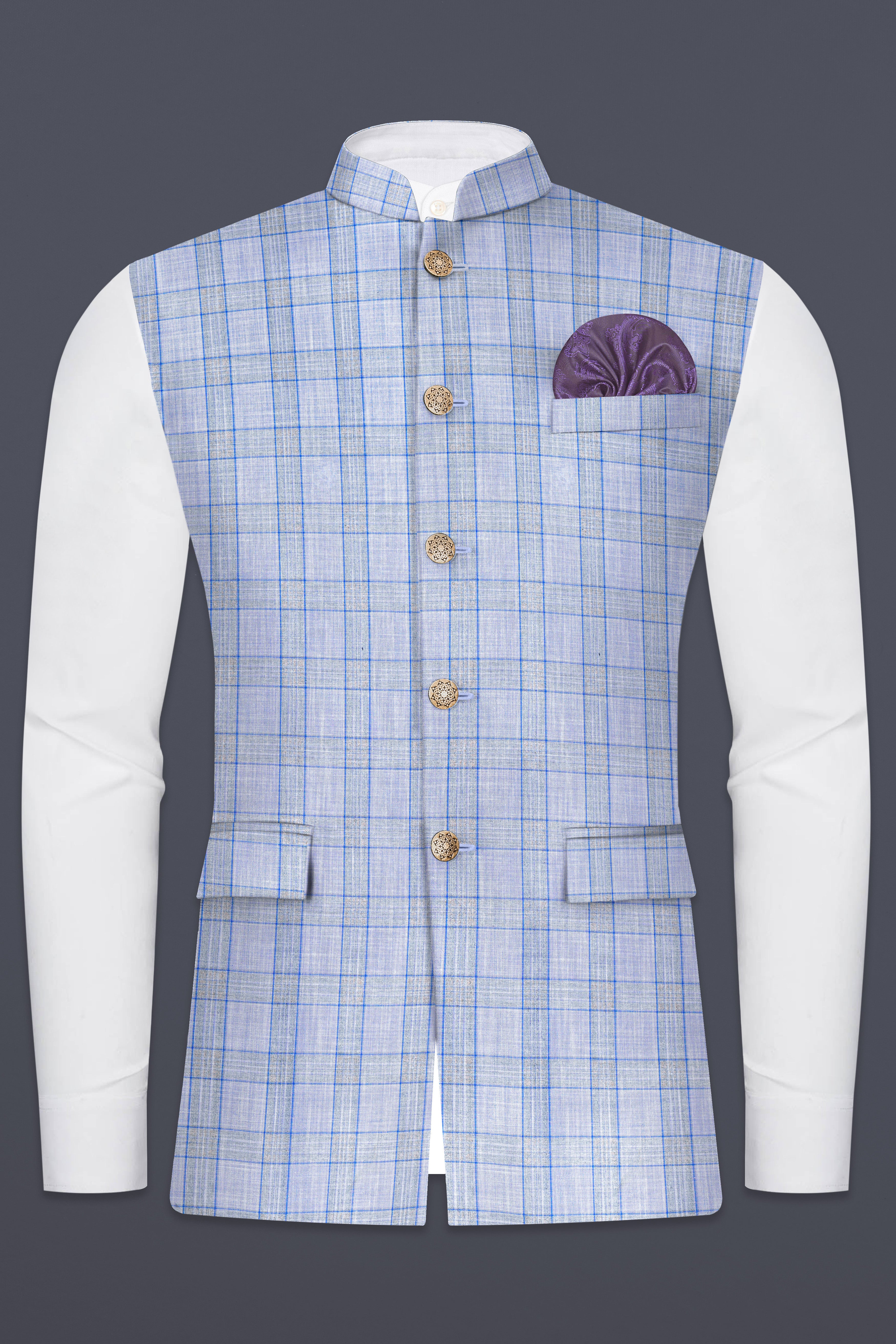 Carolina Blue Plaid Wool Blend Nehru Jacket