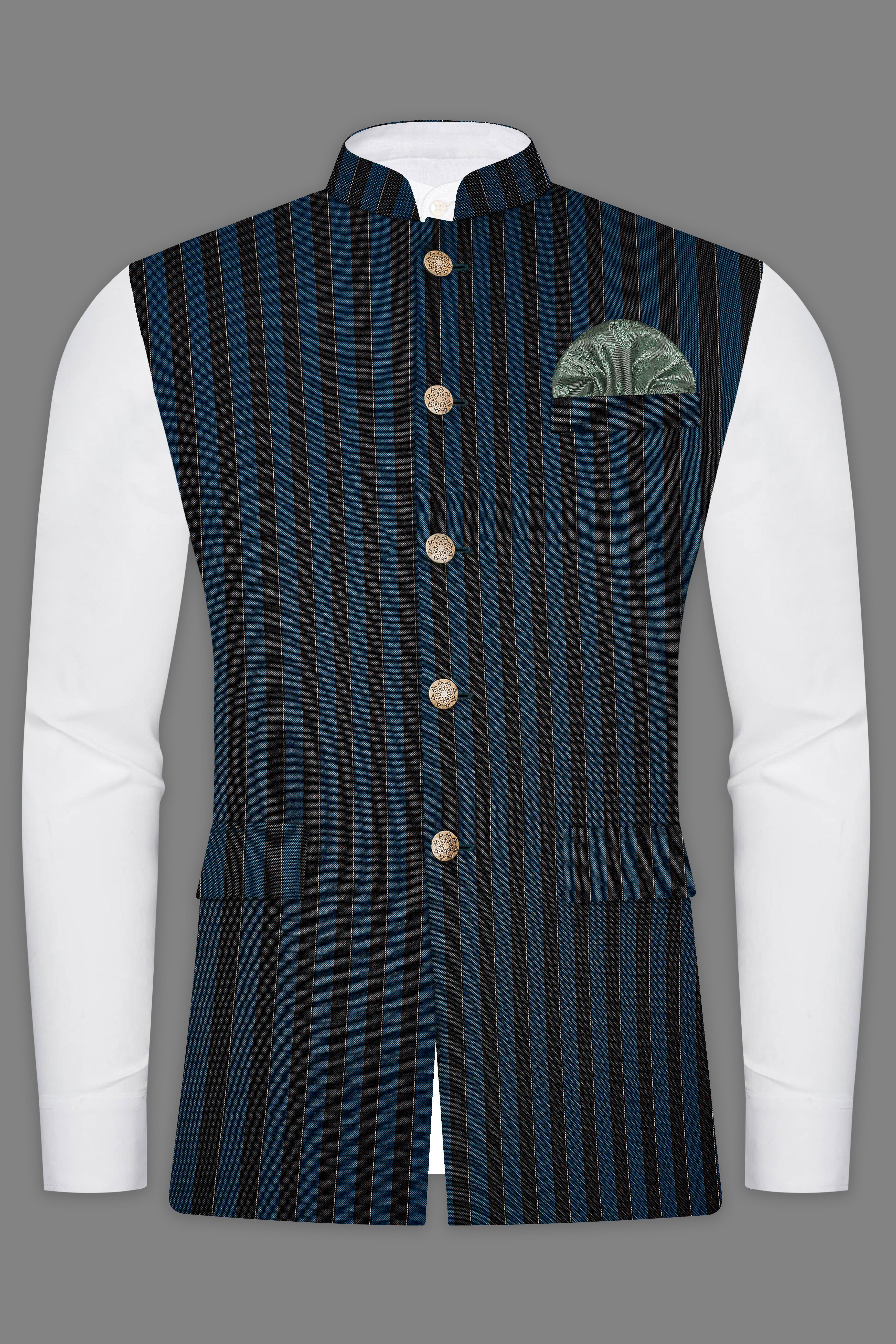 Daintree Blue And Jade Black Striped Wool Blend Nehru Jacket