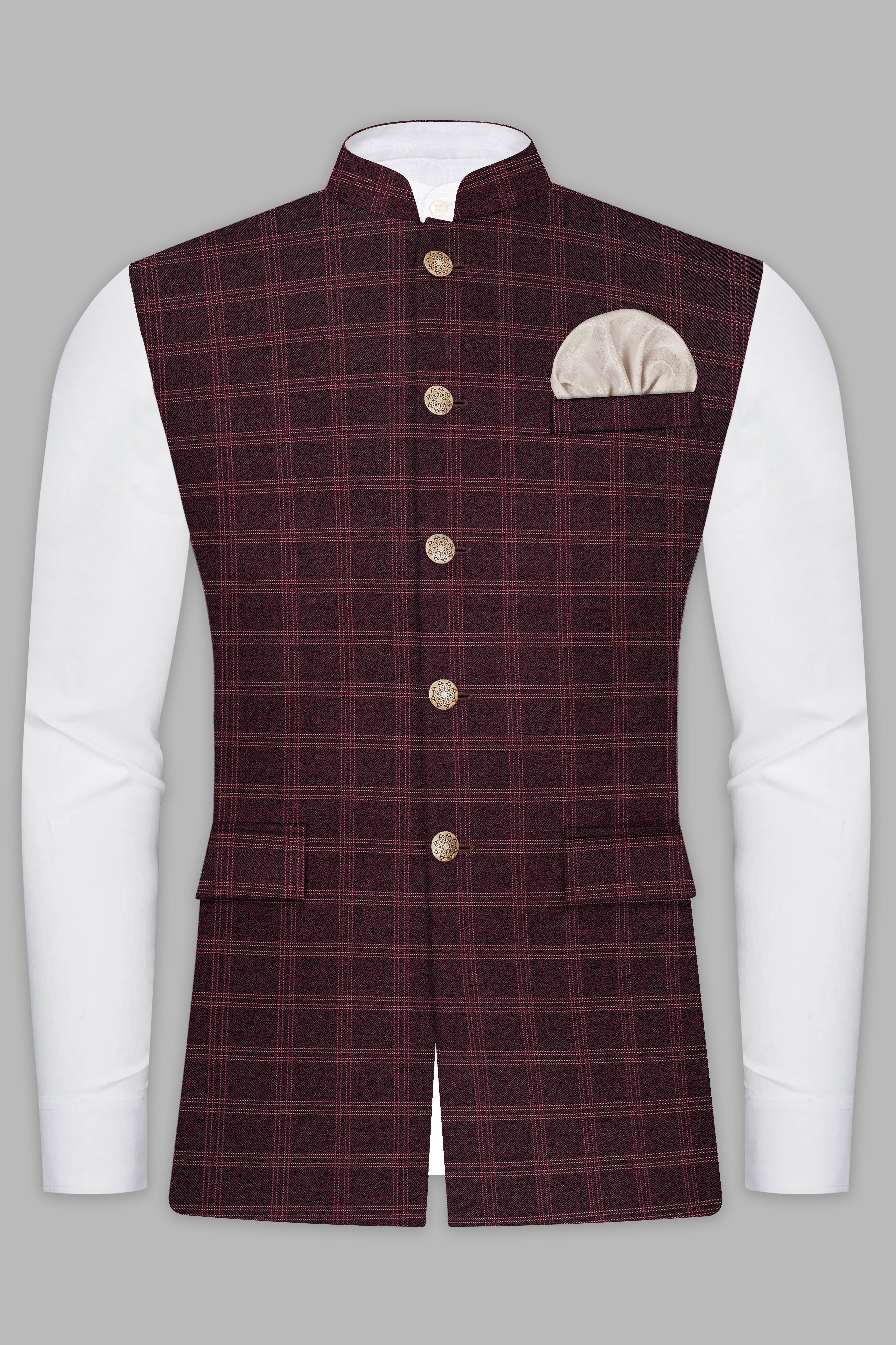 Russett Maroon Plaid Wool Rich Nehru Jacket