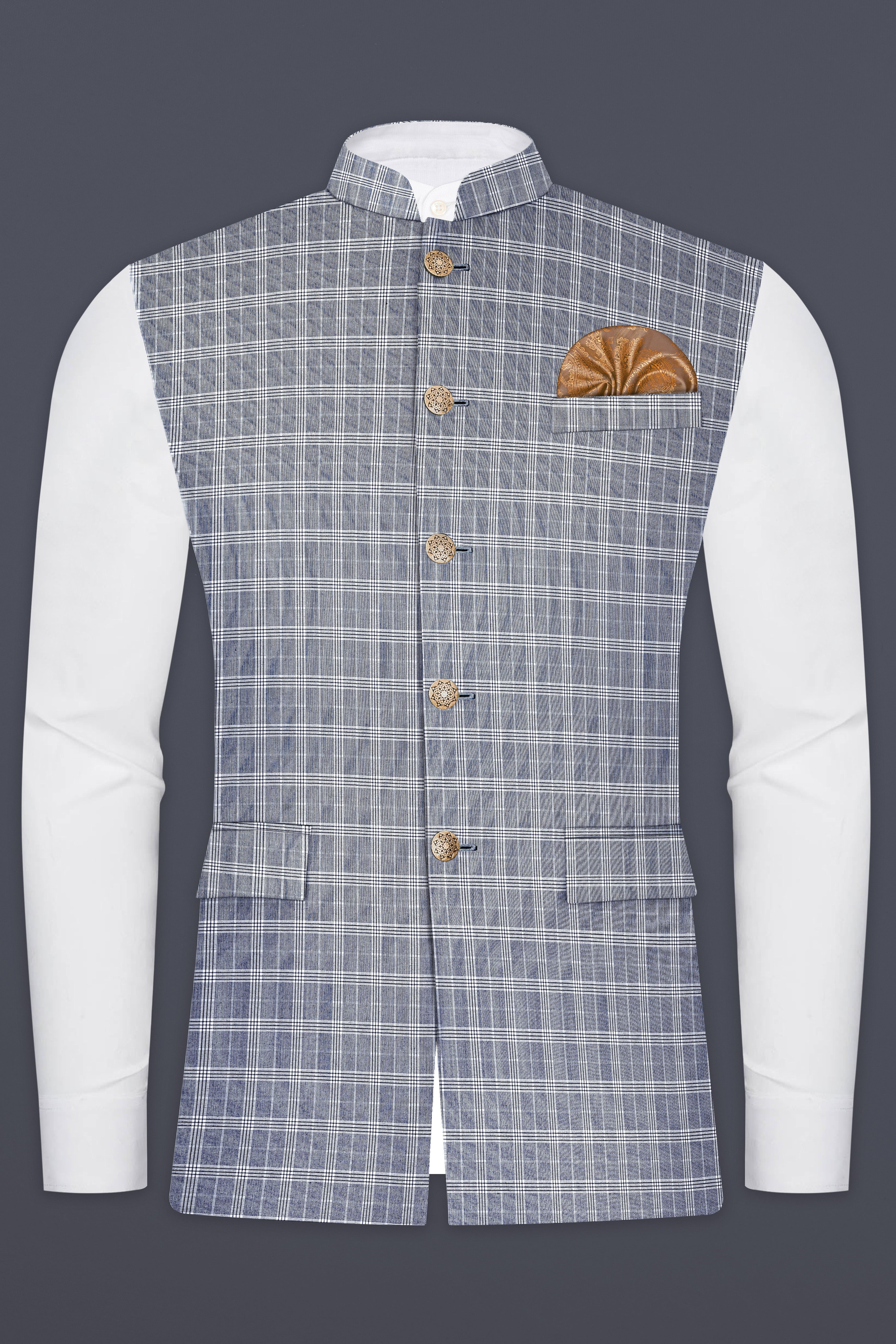 Mountain Mist Blue Plaid Wool Rich Nehru Jacket