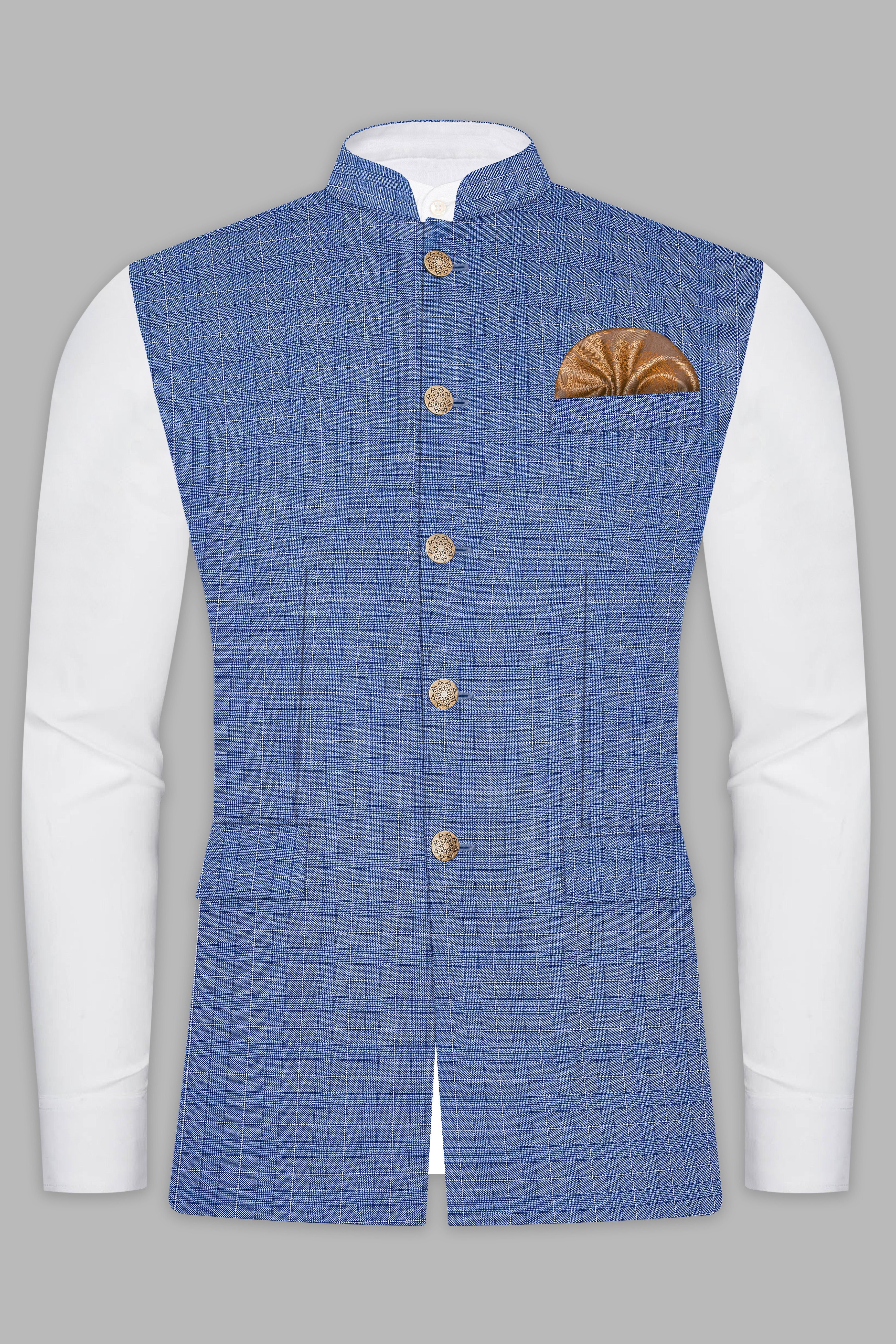 Indigo Blue Plaid Wool Rich Nehru Jacket