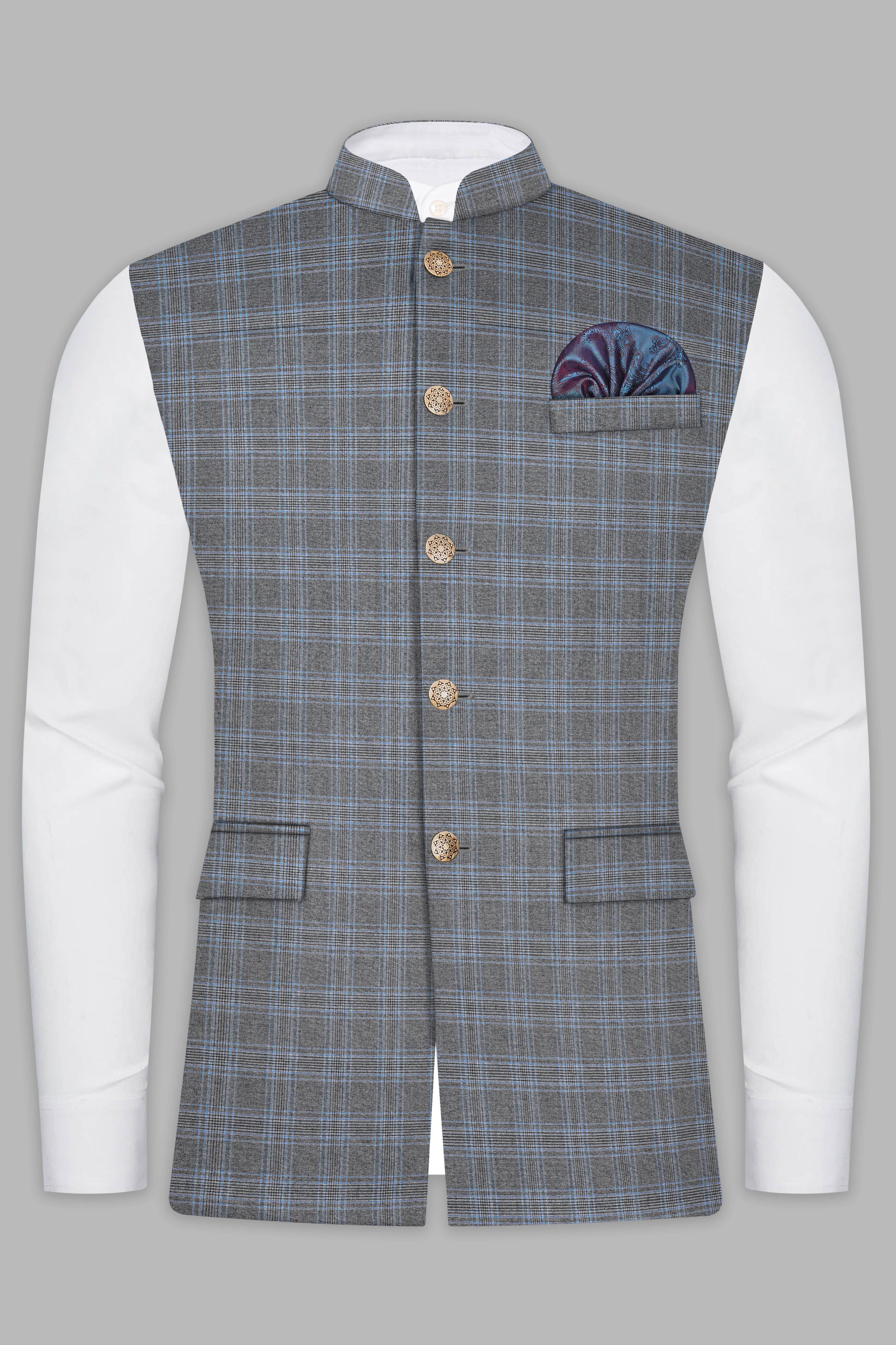 Smokey Gray And Spindle Blue Plaid Wool Rich Nehru Jacket