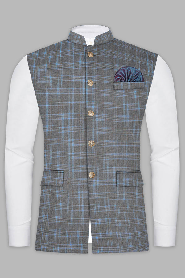 Smokey Gray And Spindle Blue Plaid Wool Rich Nehru Jacket