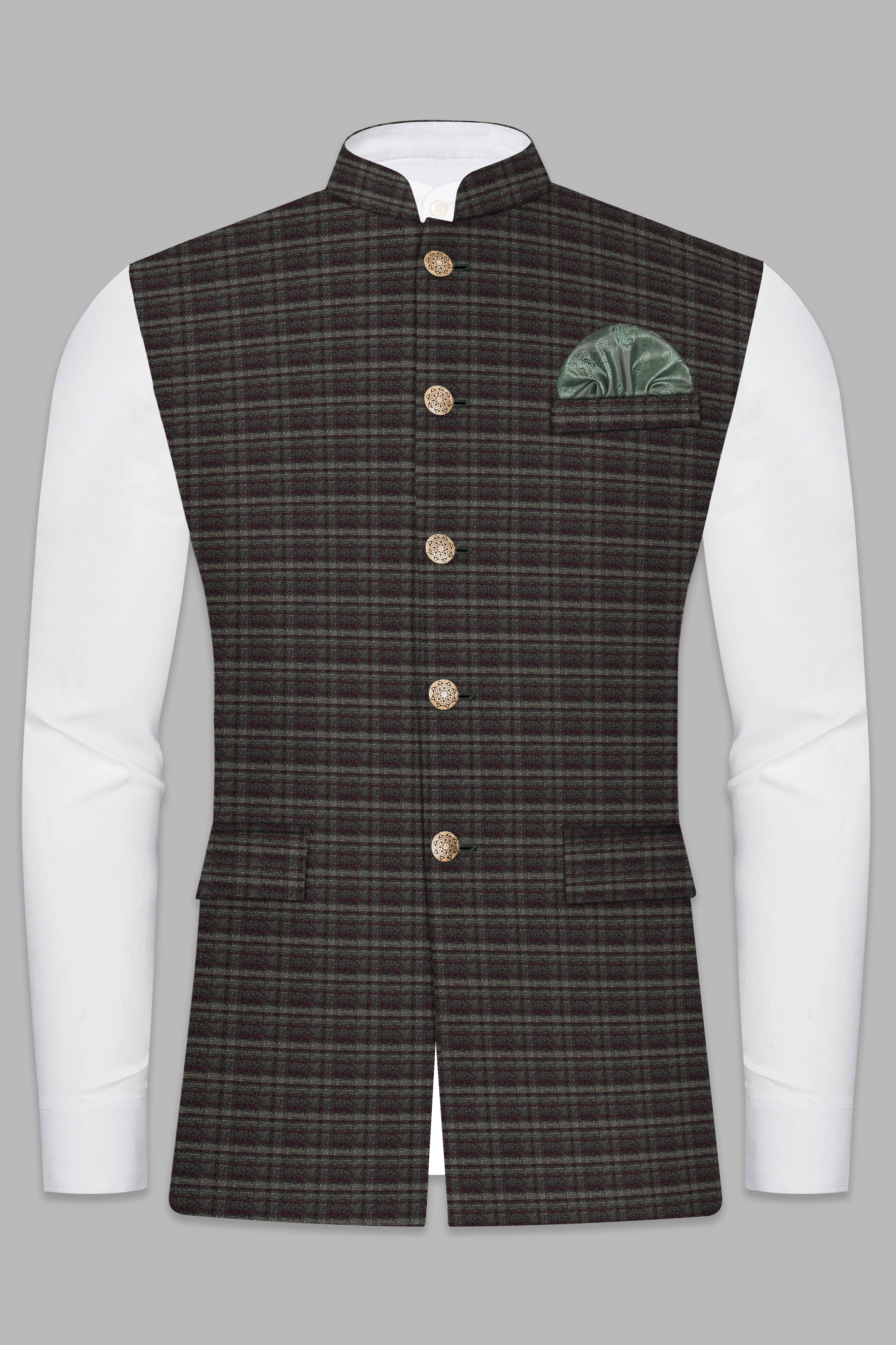 Zeus Gray And Lisbon Green Plaid Wool Rich Nehru Jacket