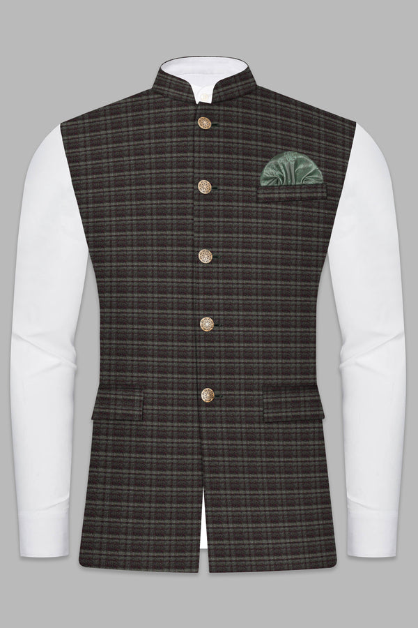 Zeus Brown And Lisbon Green Plaid Wool Rich Nehru Jacket