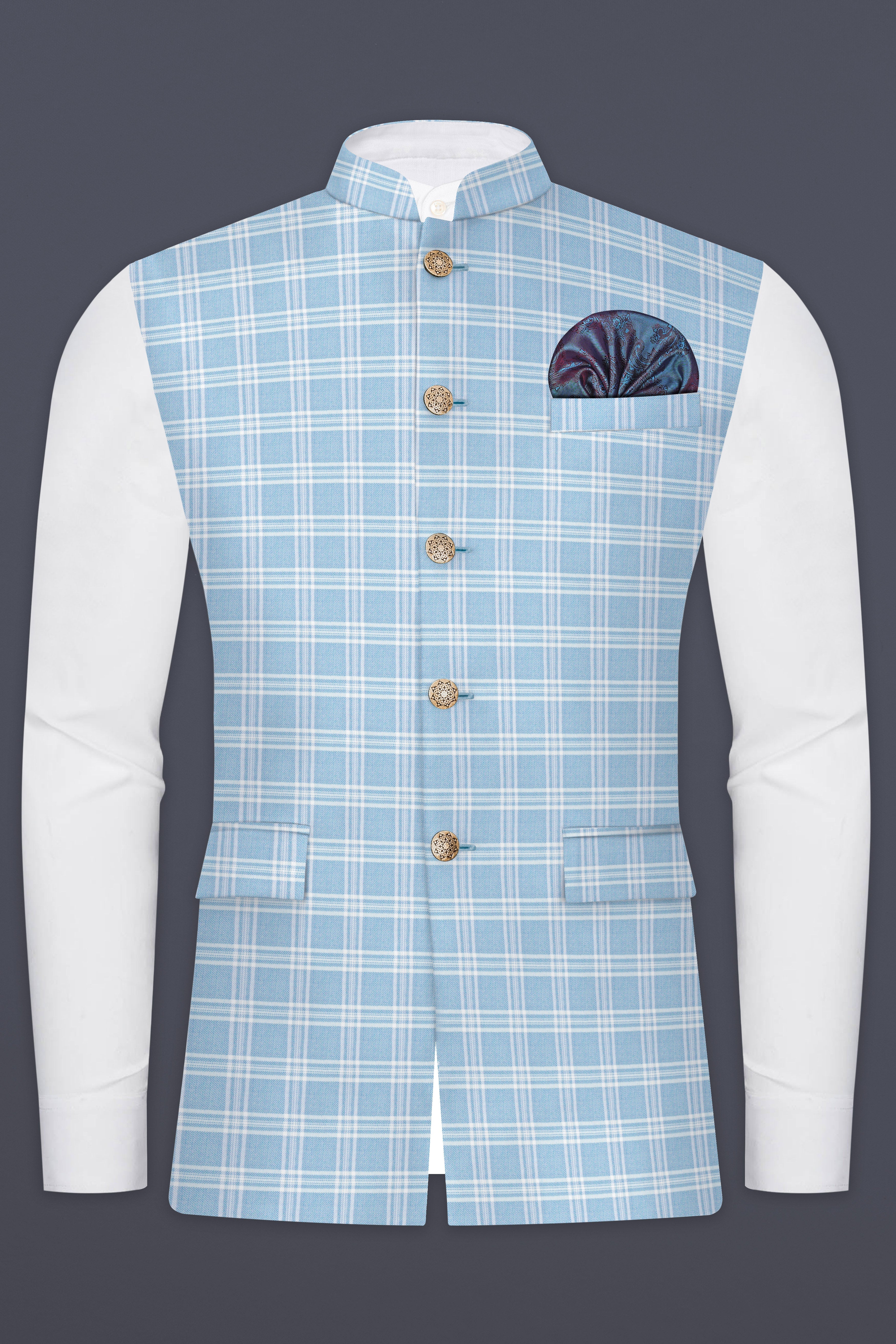 Ziggurat Blue And Bright White Plaid Wool Rich Nehru Jacket