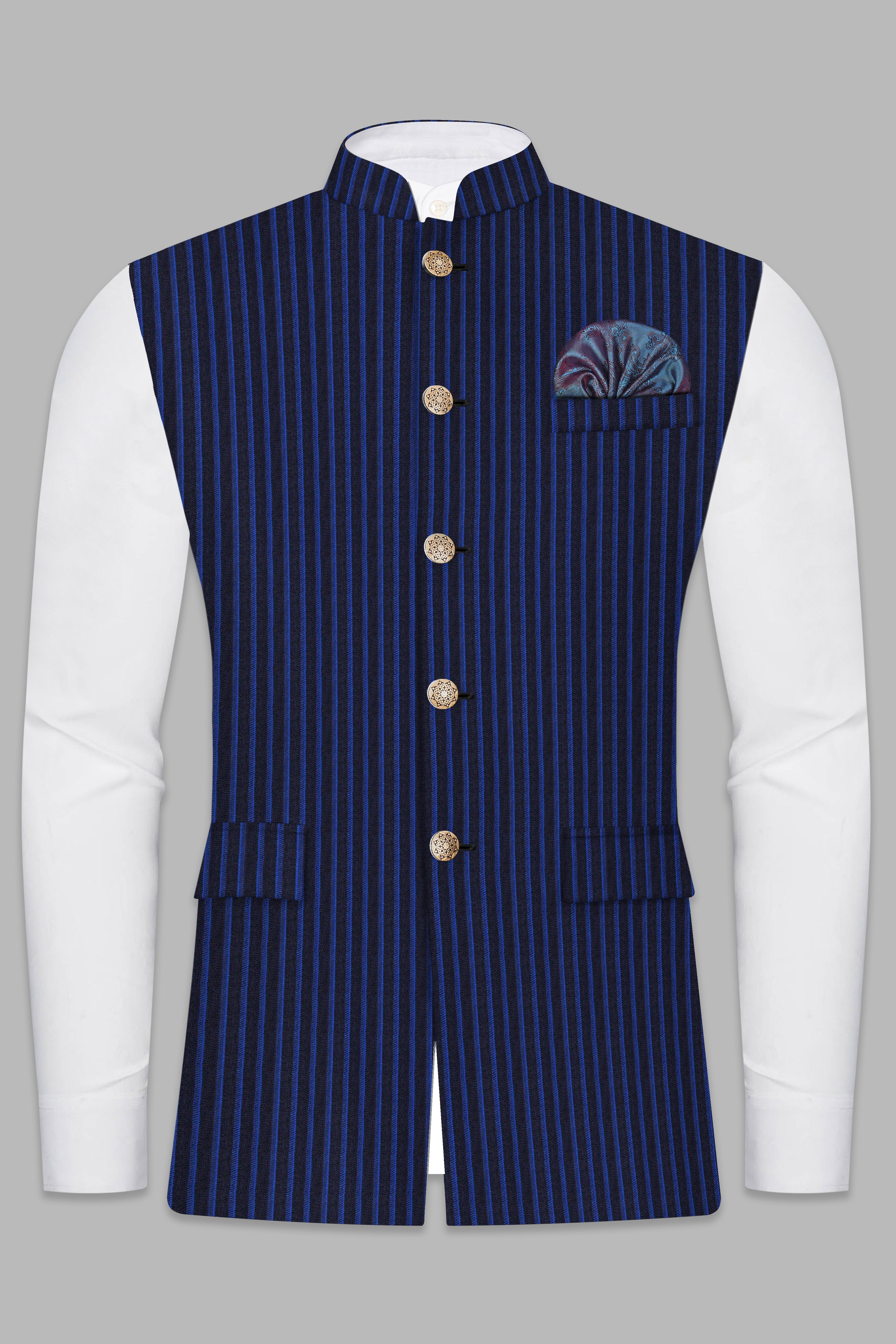 Sapphire Blue And Jade Blue Striped Wool Rich Nehru Jacket