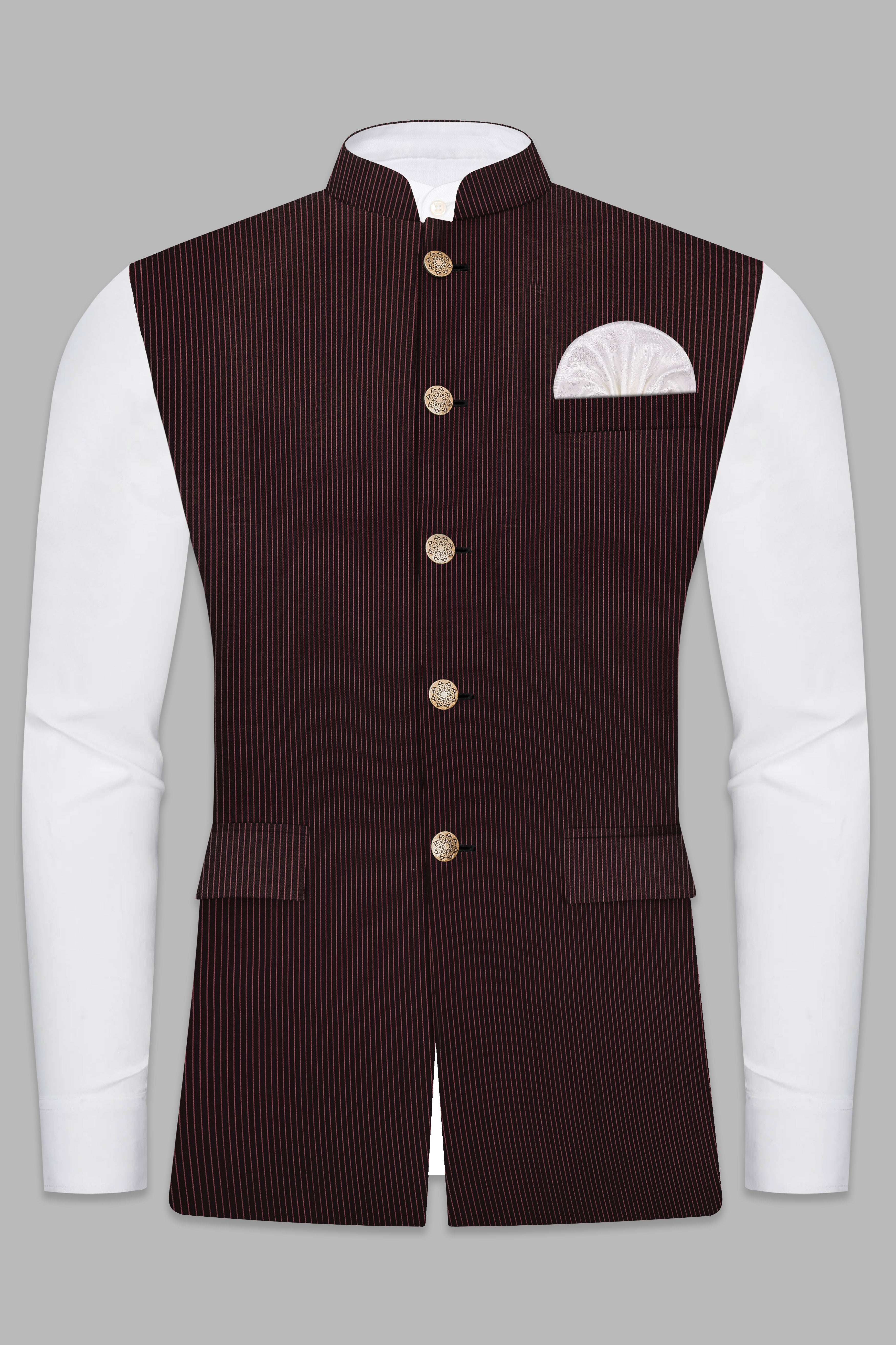 English Walnut Red Striped Wool Rich Nehru Jacket