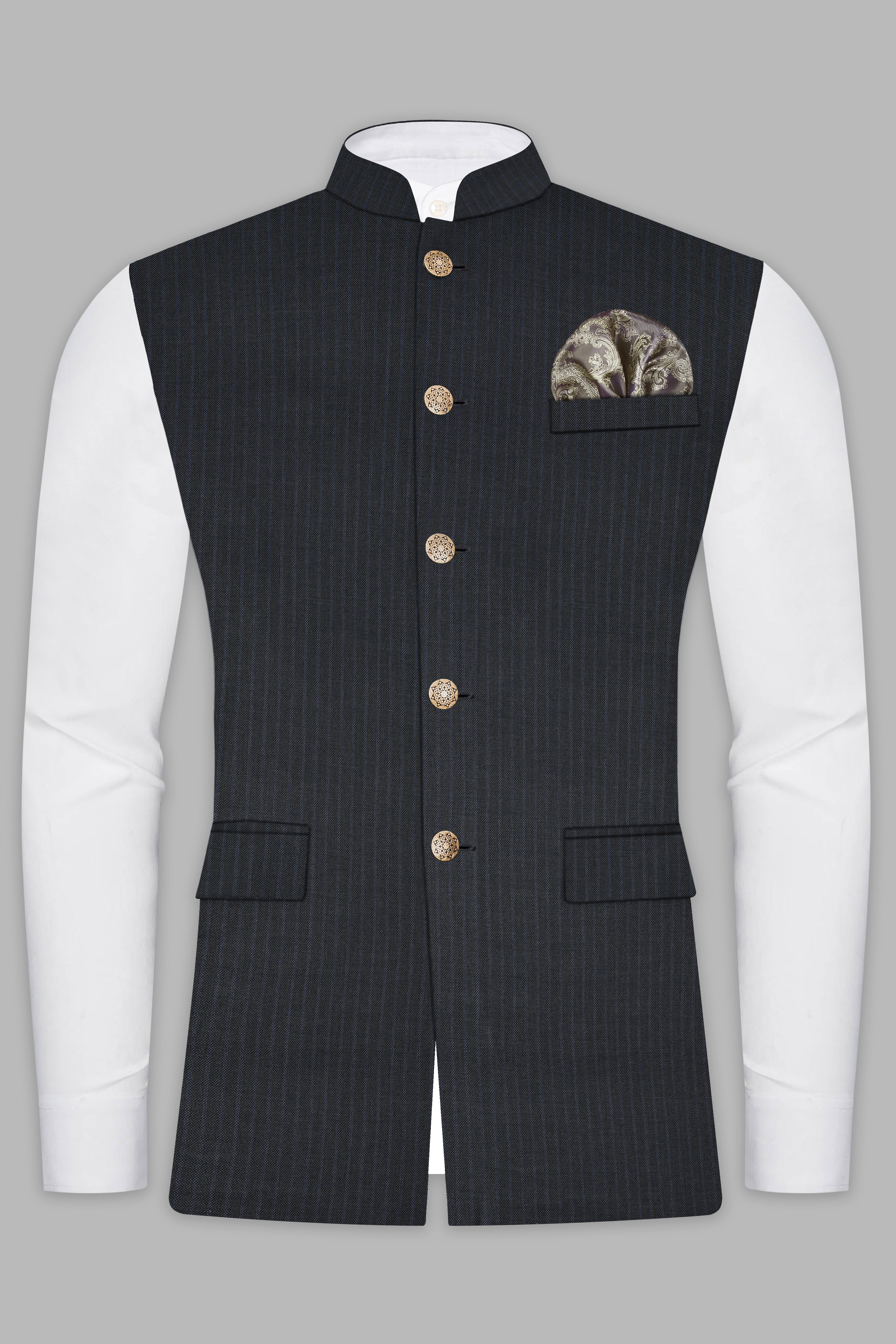 GraphiteSlim-Mine Shaft Gray Stripes Dobby Textured Wool Rich Nehru Jacket