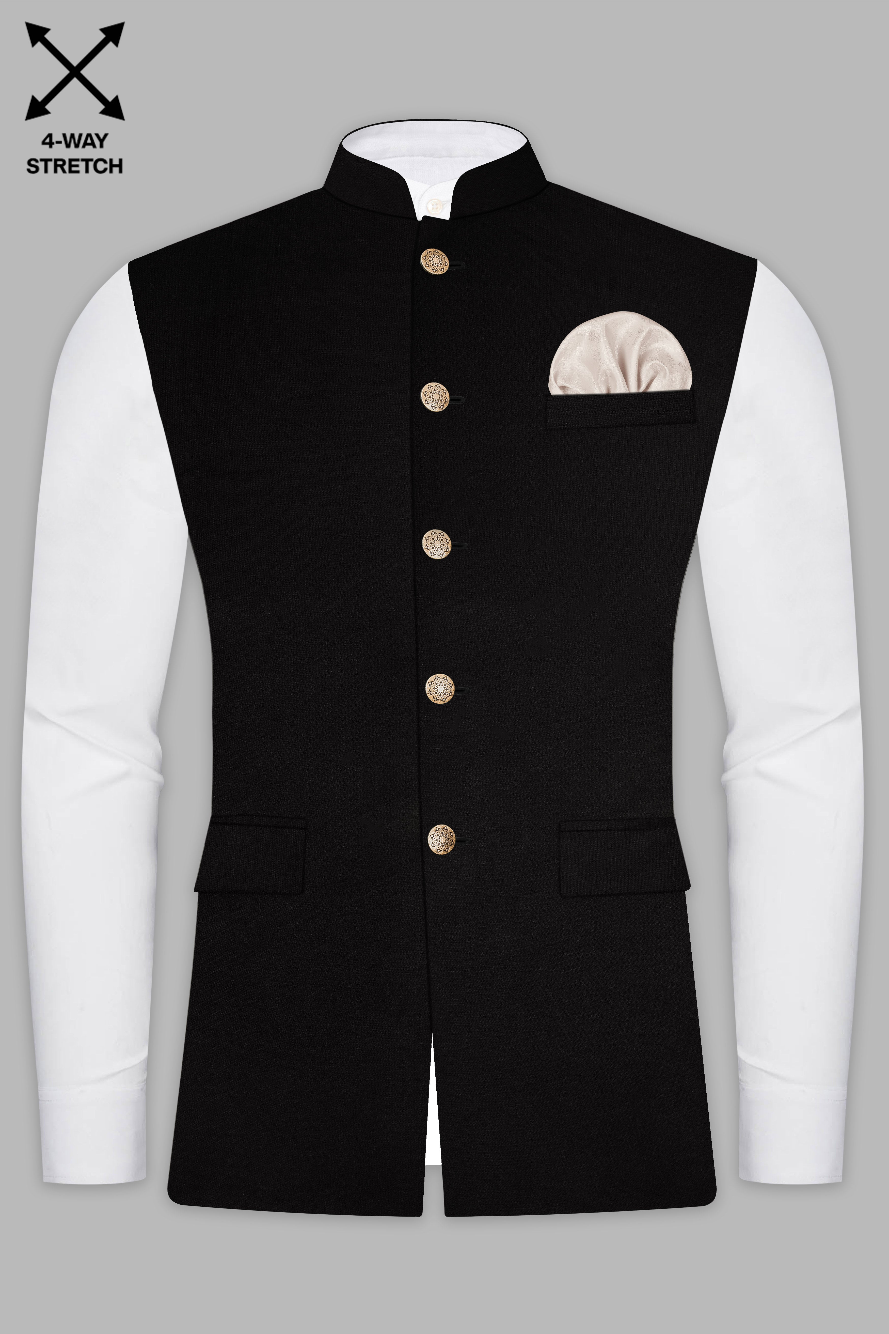 NoirFlex-Jade Black 4-Way Stretch Textured Nehru Jacket