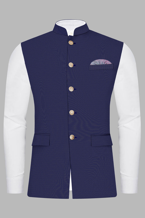 Azure Crest-Topaz Blue houndstooth Textured Wool Rich Nehru Jacket