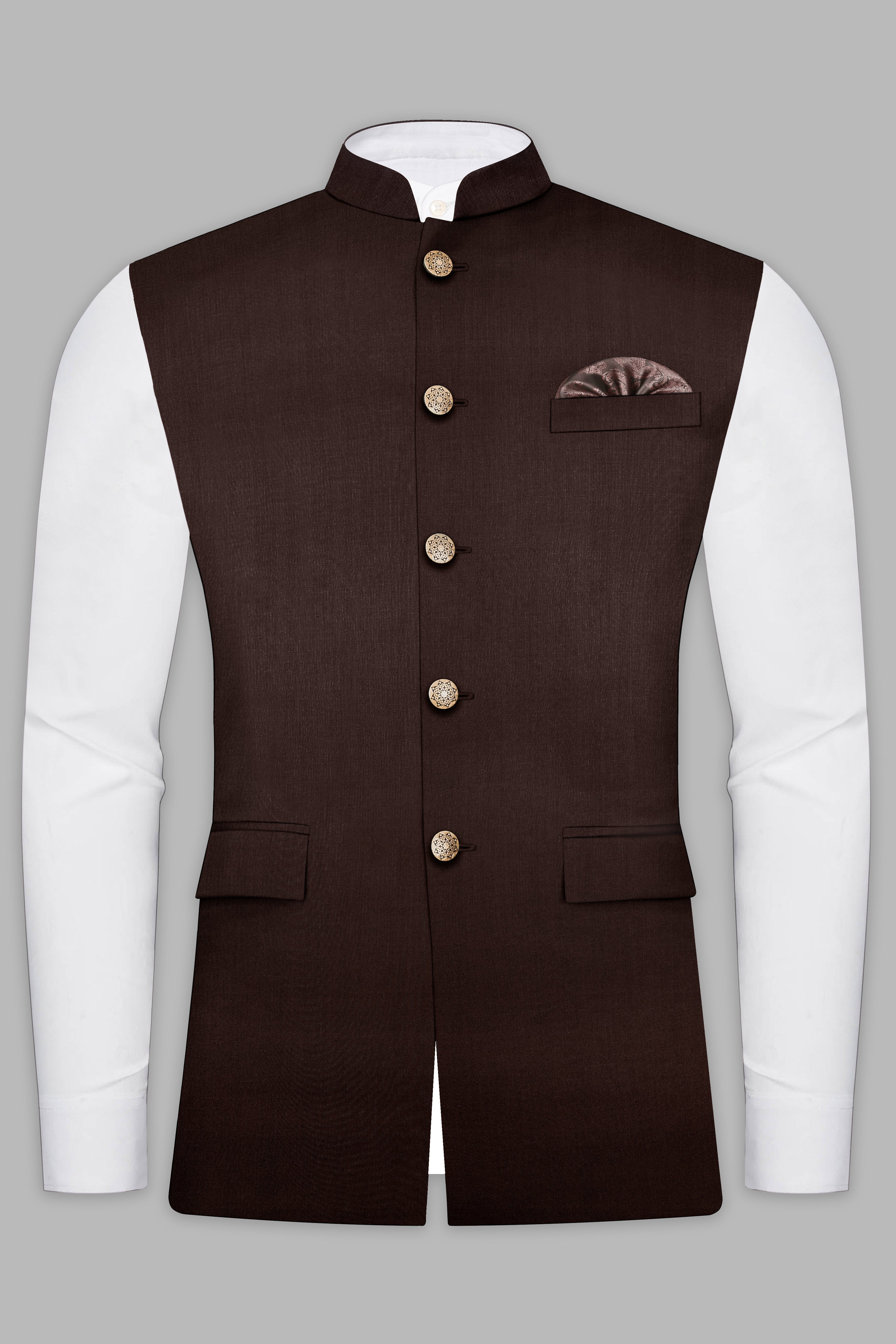 Espresso-Hickory Brown Solid Wool Rich Nehru Jacket