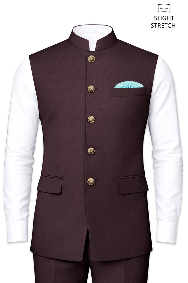 Espresso-Hickory Brown Solid Wool Rich Slight Stretch Nehru Jacket