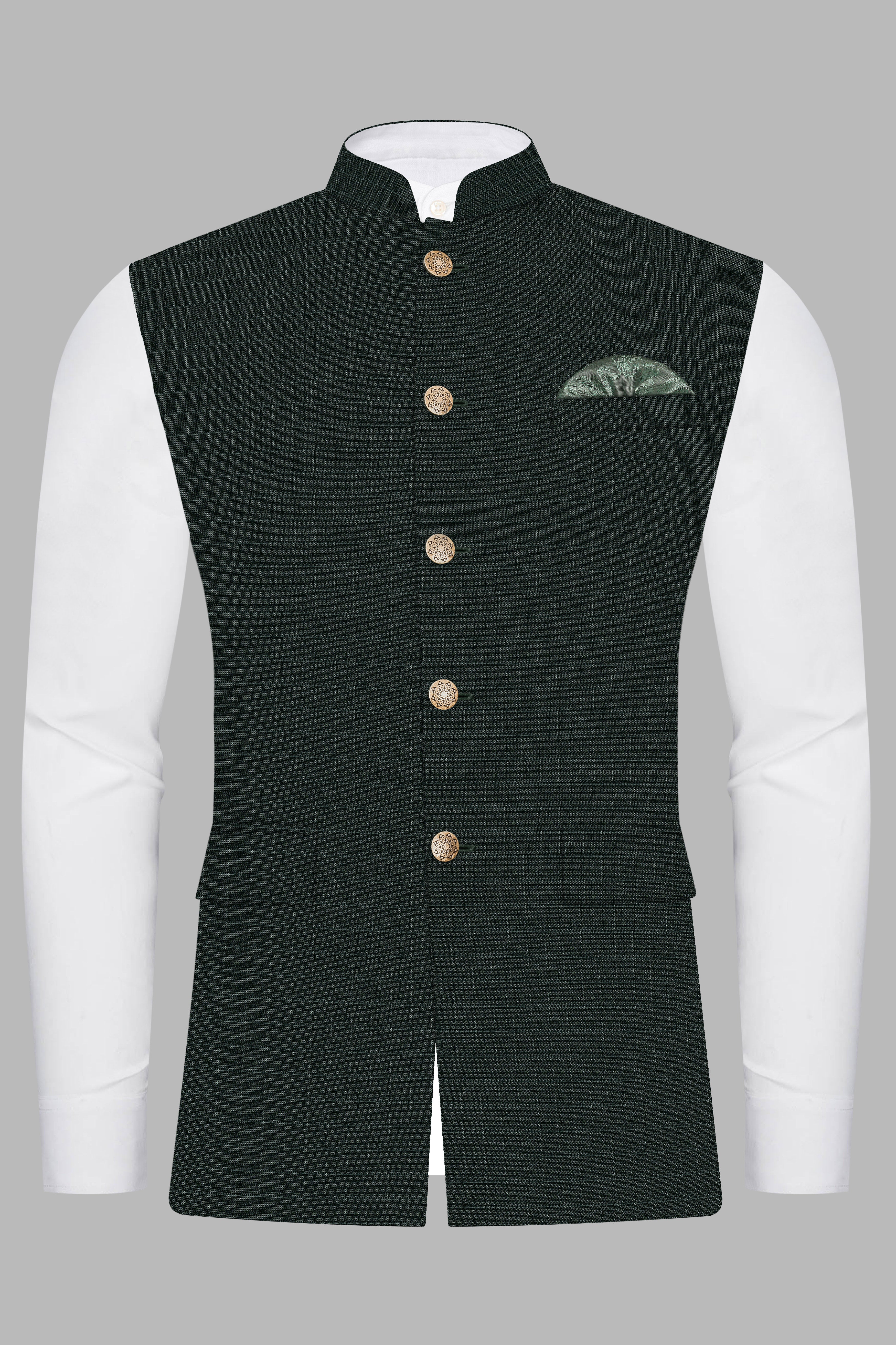 Aztec-Opulent Green Plaid Wool Rich Nehru Jacket