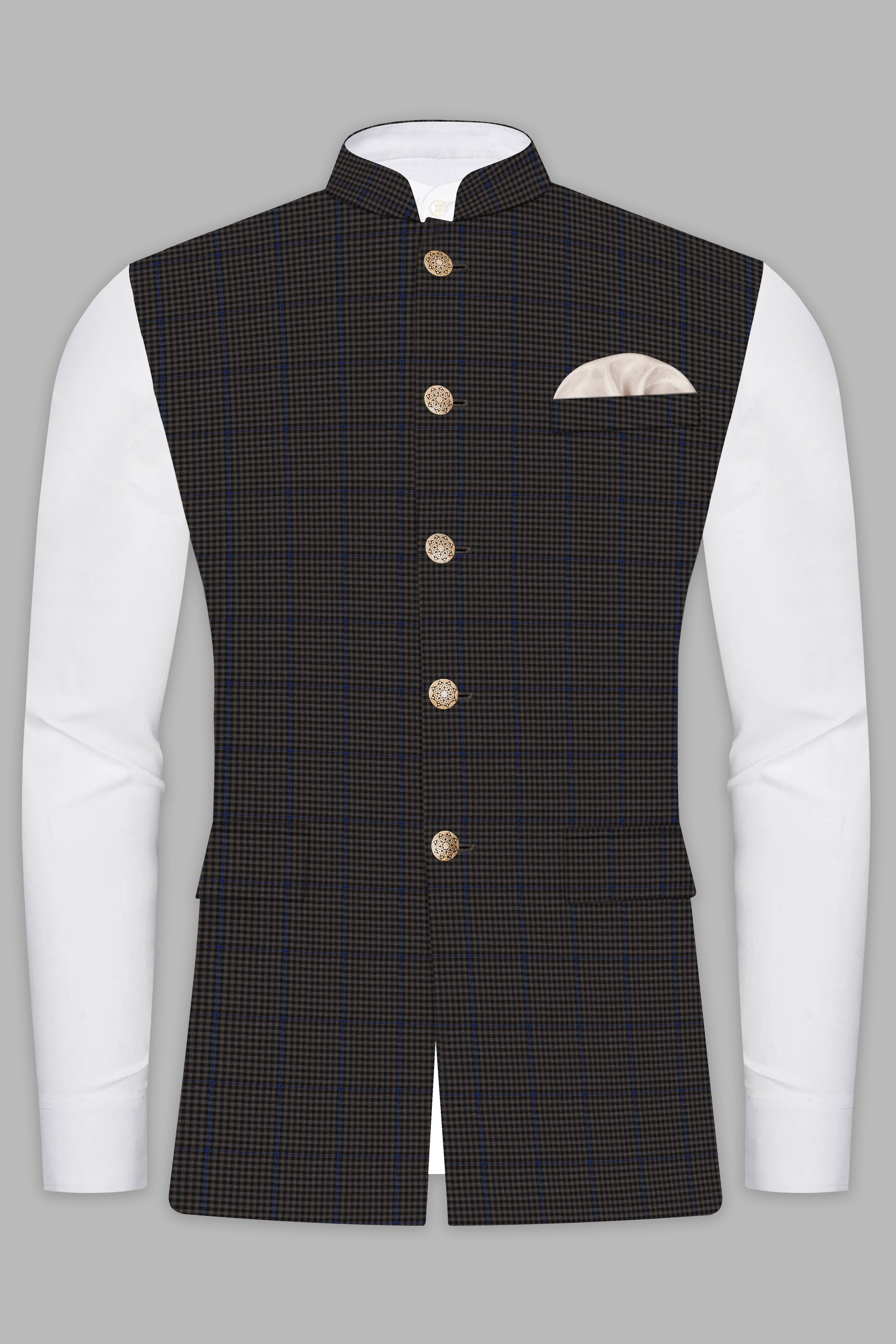 Allegro-Piano Brown Gingham Plaid Cotton Nehru Jacket