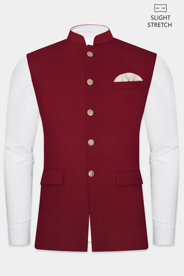 CrimsonAce-Cherry Red Solid Wool Rich Slight Stretch Nehru Jacket