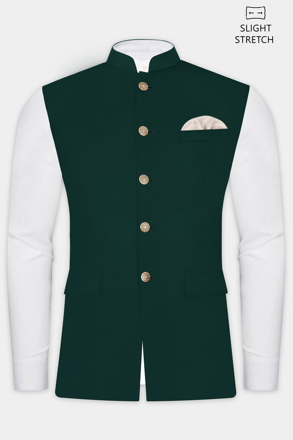 Emerald-Zucchini Green Solid Wool Rich Slight Stretch Nehru Jacket
