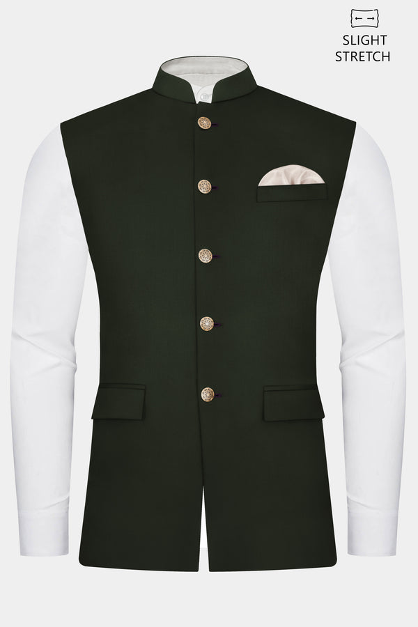 Verdant Majesty-Juniper Green Solid Wool Rich Slight Stretch Nehru Jacket