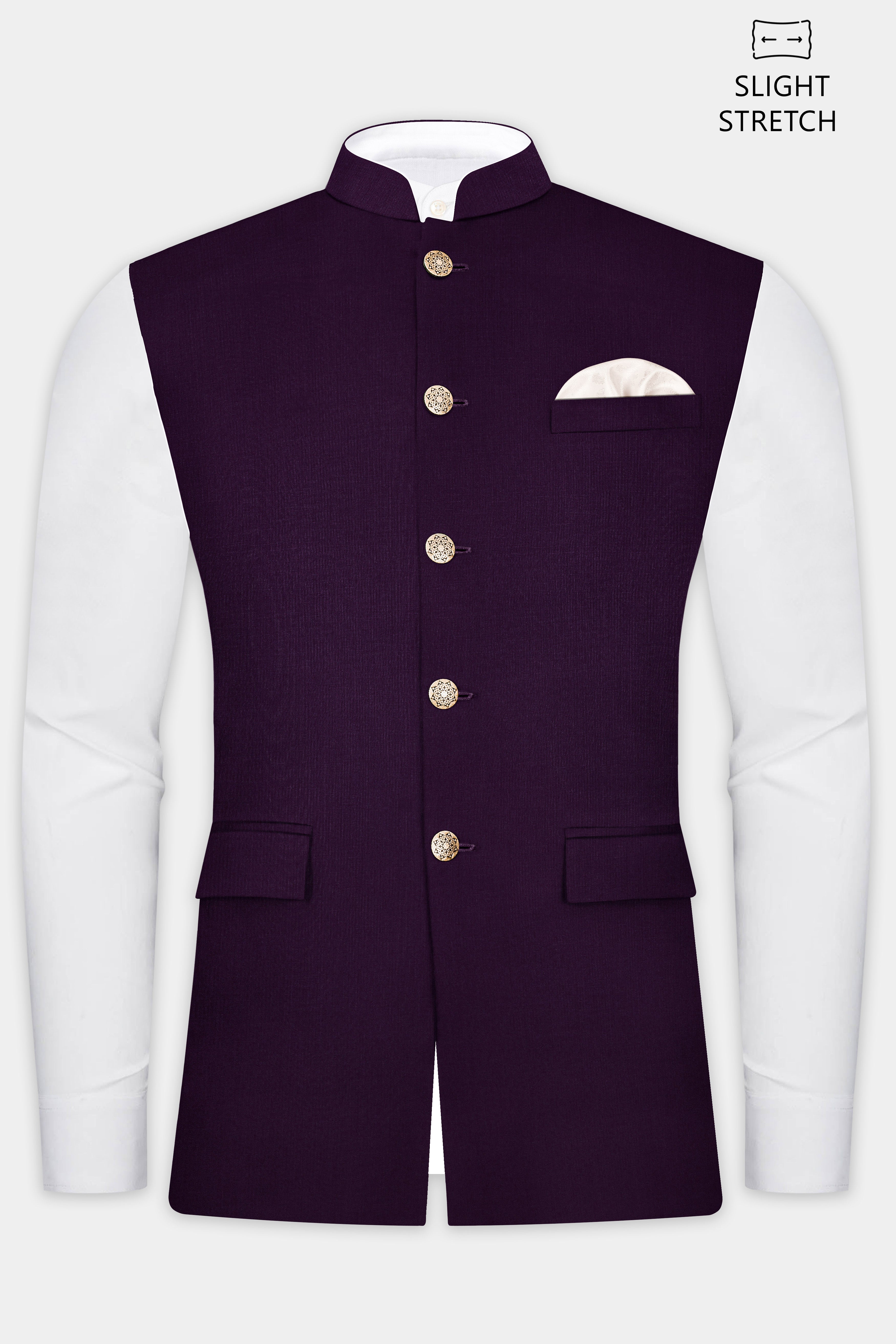 Regal Plum-Eggplant Purple Solid Wool Rich Slight Stretch Nehru Jacket