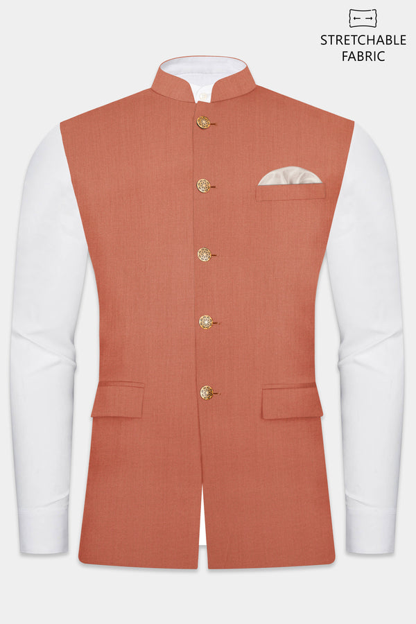 Spiced Sunset-Salmon Orange Solid Wool Rich Stretchable Nehru Jacket