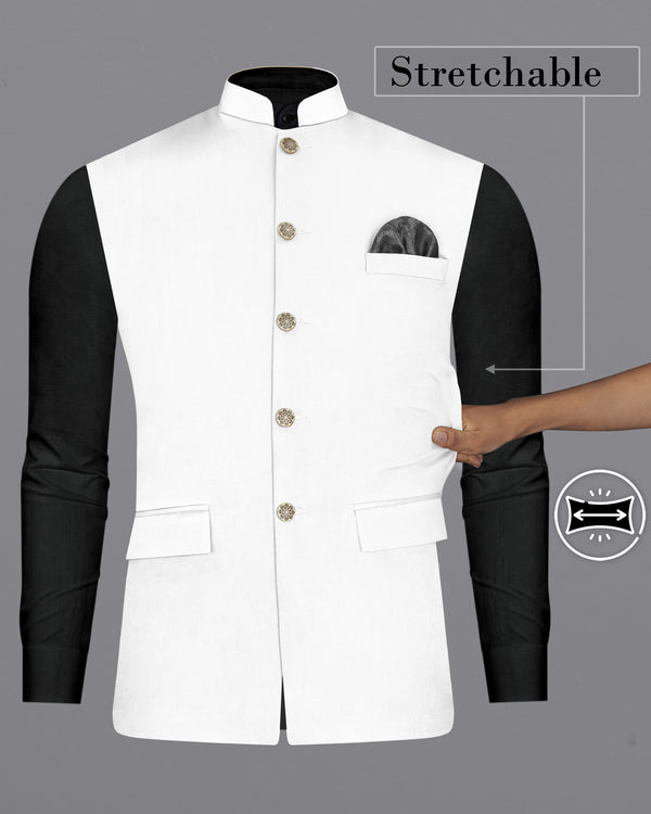 Bright White Solid Stretchable Premium Cotton Traveler Nehru Jacket