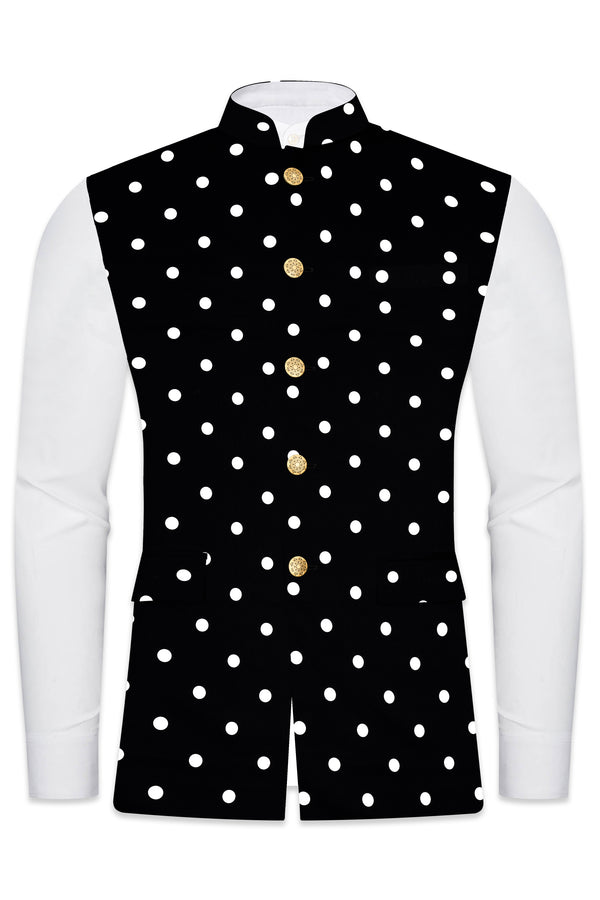 Noirdot-Jade Black Polka Dotted Premium Cotton Nehru Jacket
