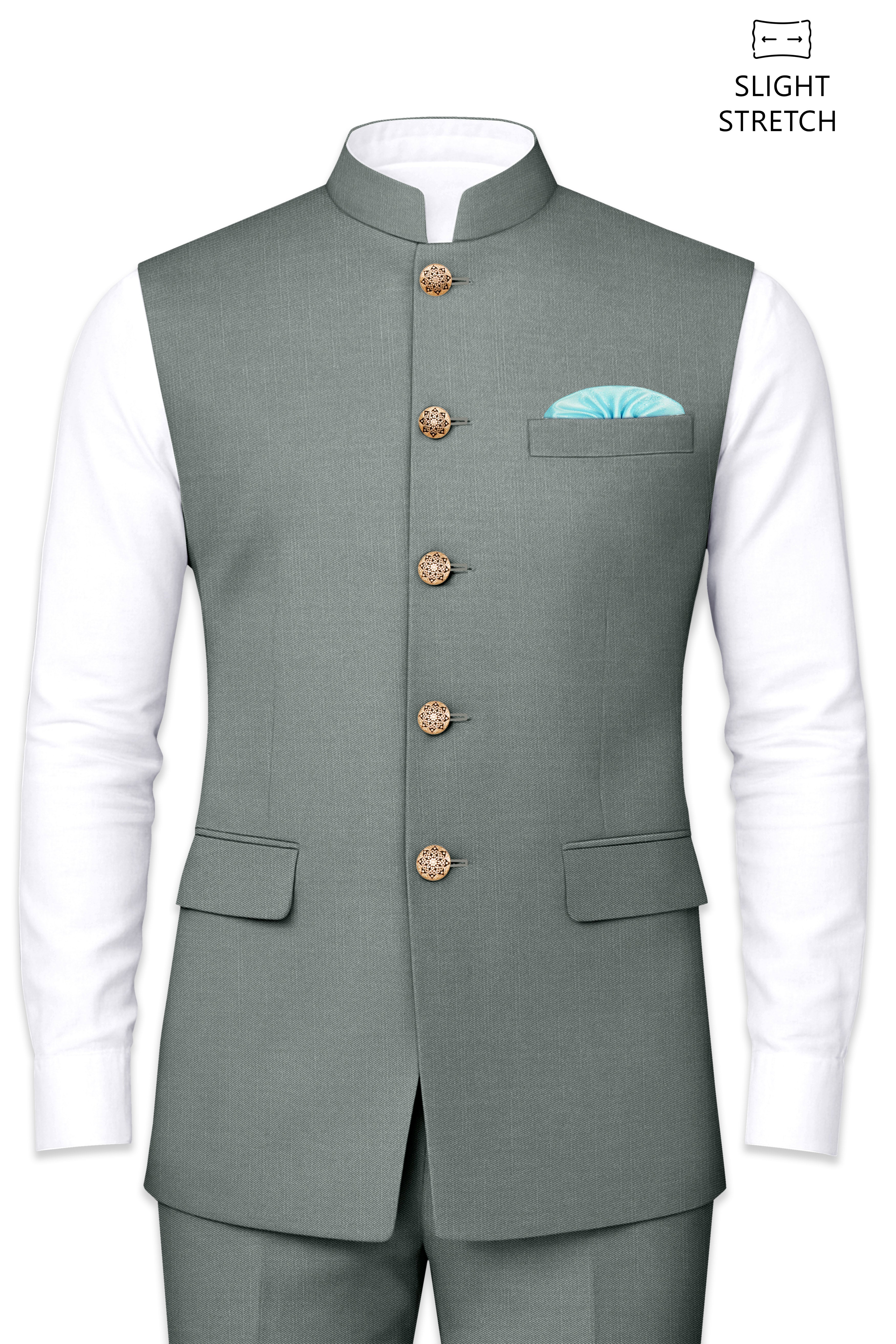 Travliam-William Green Wool Rich Wool Rich Slight Stretch Nehru Jacket
