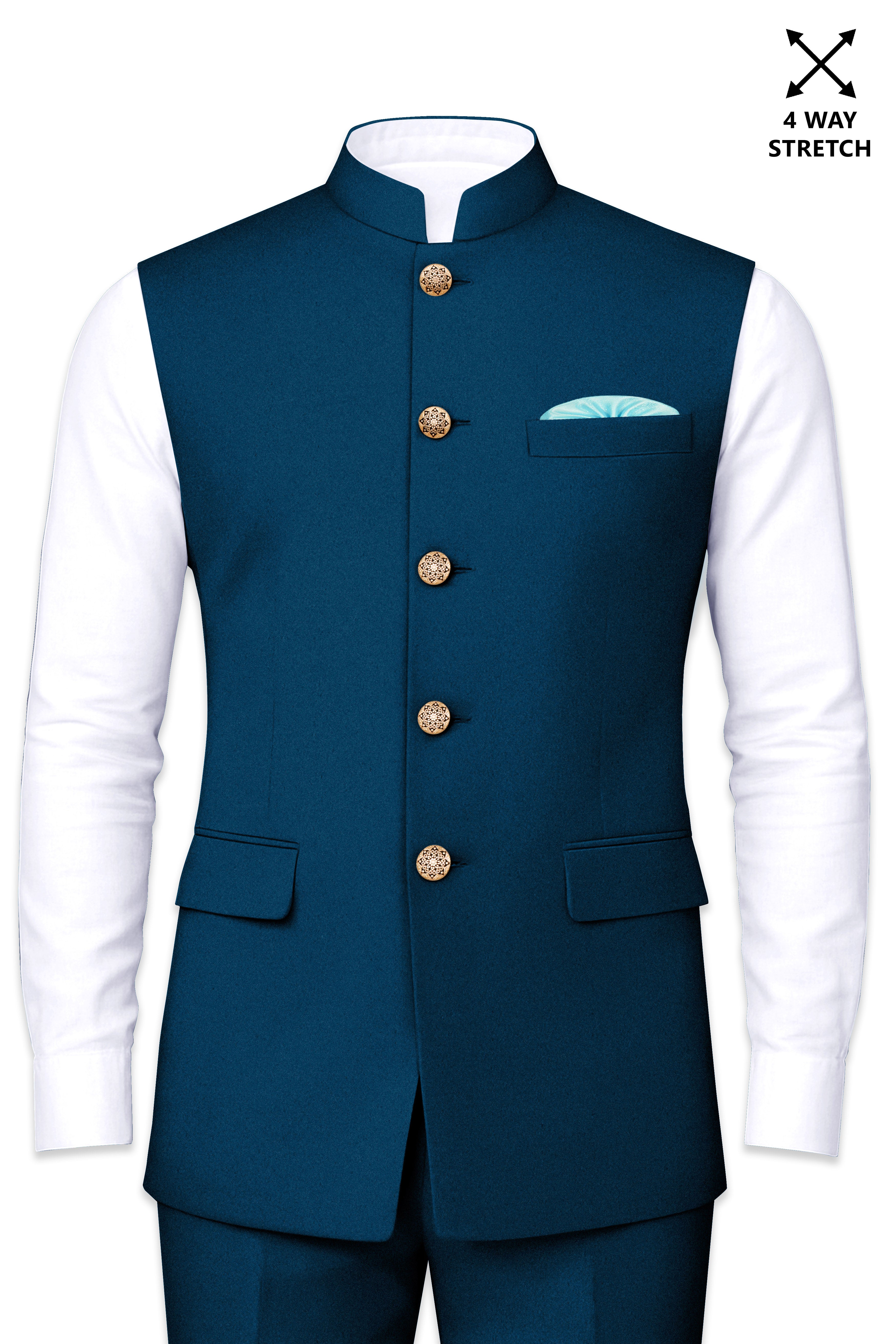 Aureblu-Korean Prussian Blue 4-Way Stretch Wool Rich Nehru Jacket