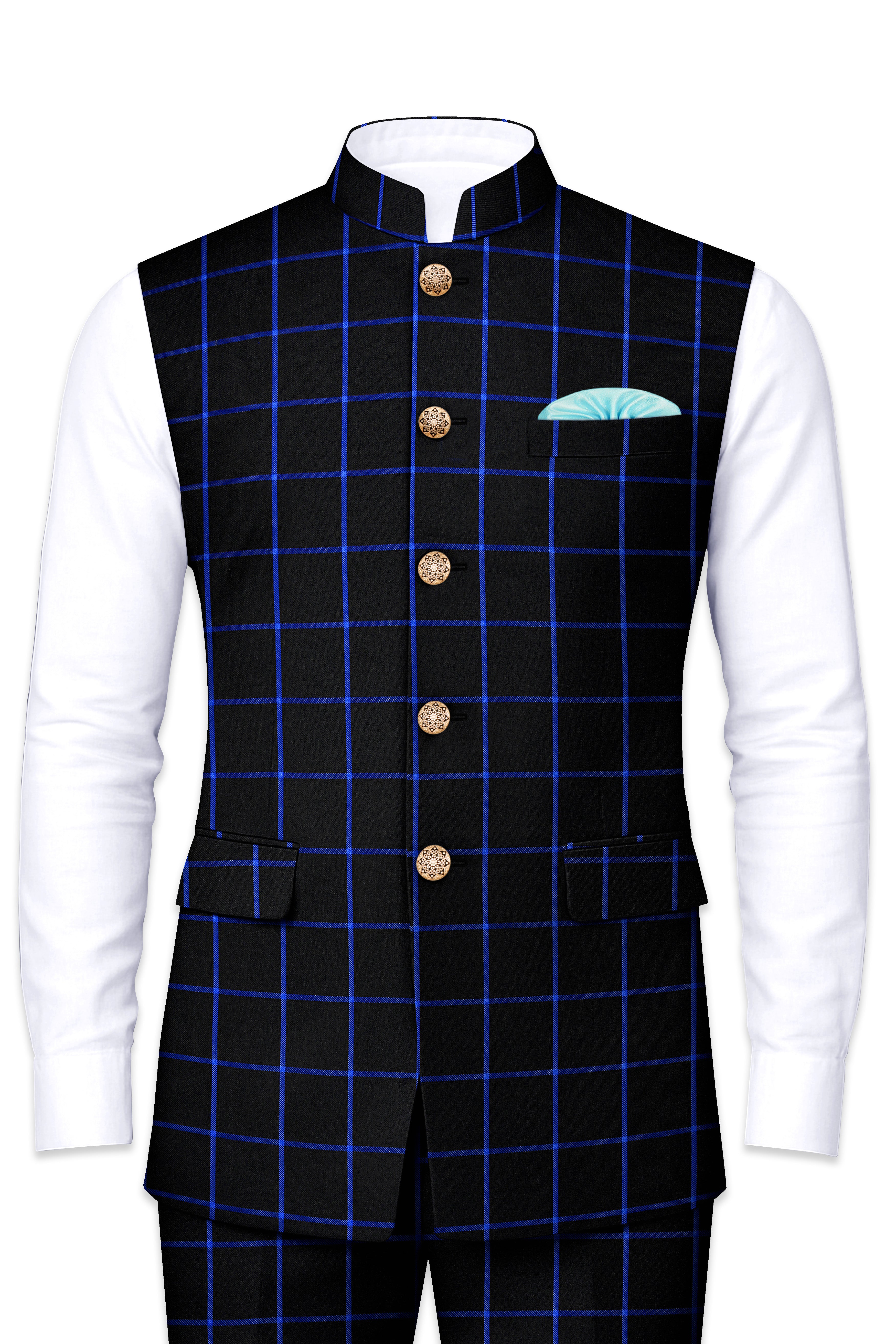 Panevoro-Jade Black With Cerulean Blue Windowpane Wool Rich Nehru Jacket